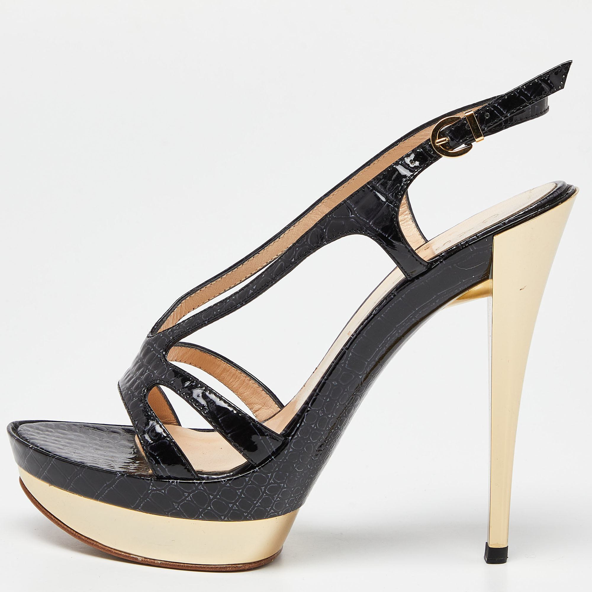Pre-owned Casadei Black Croc Embossed Leather Ankle Strap Platform Sandals Size 38
