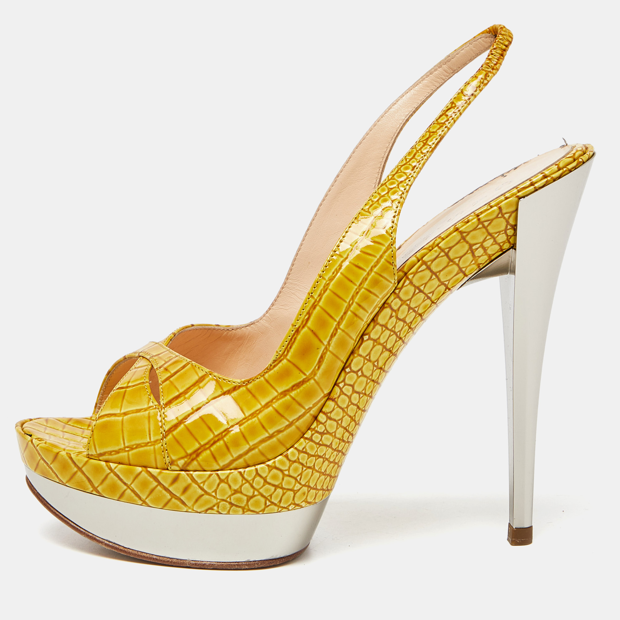 Pre-owned Casadei Yellow Croc Embossed Leather Cross Strap Platform Sandals Size 37