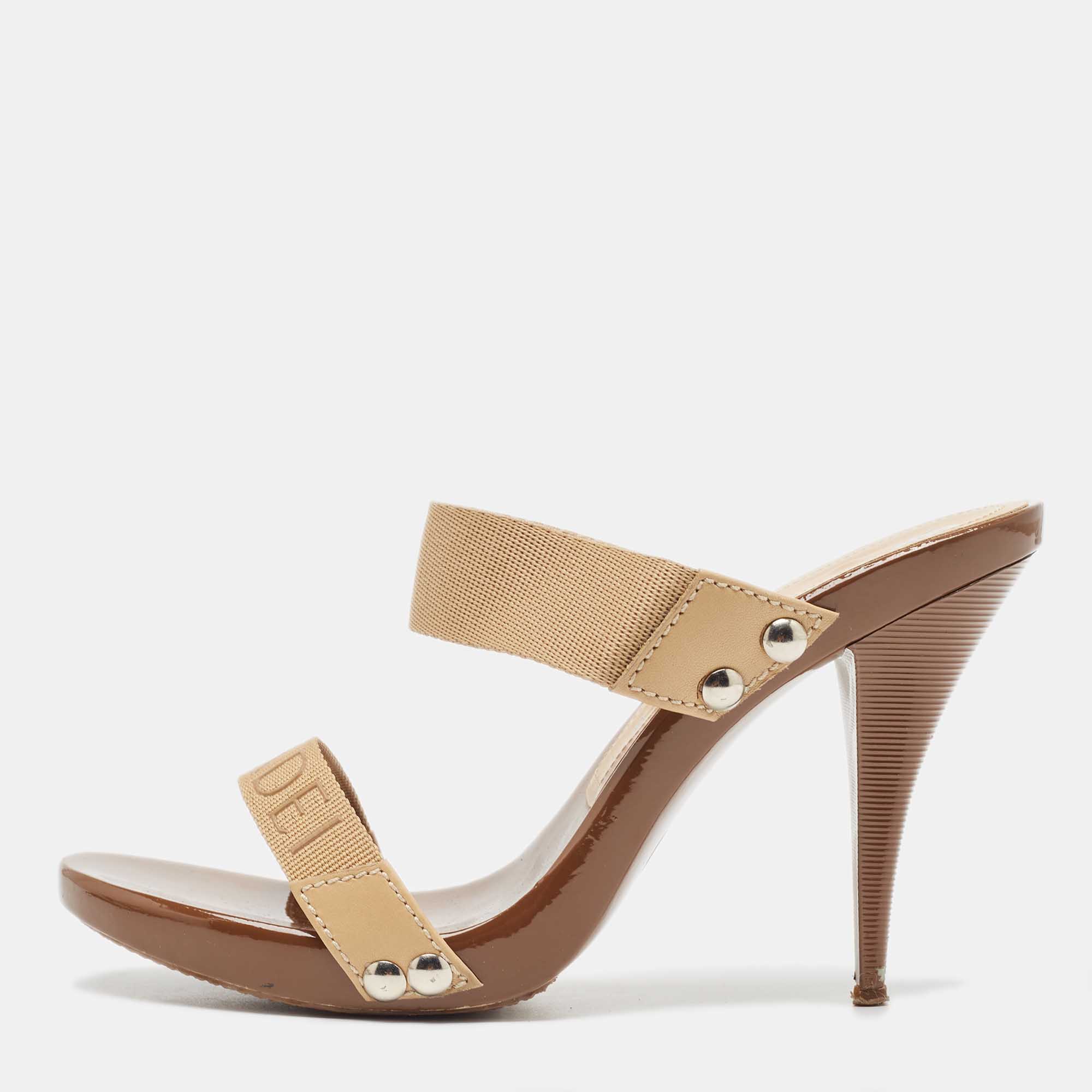 Pre-owned Casadei Beige/brown Canvas Slide Sandals Size 38