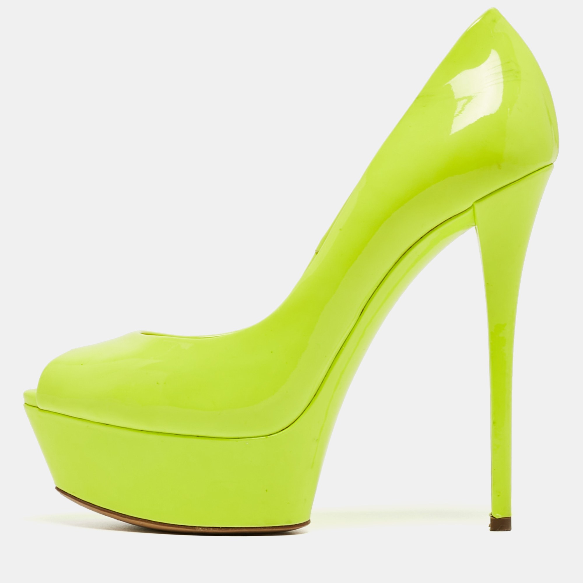 

Casadei Lime Green Patent Leather Daisy Peep Toe Platform Pumps Size 37