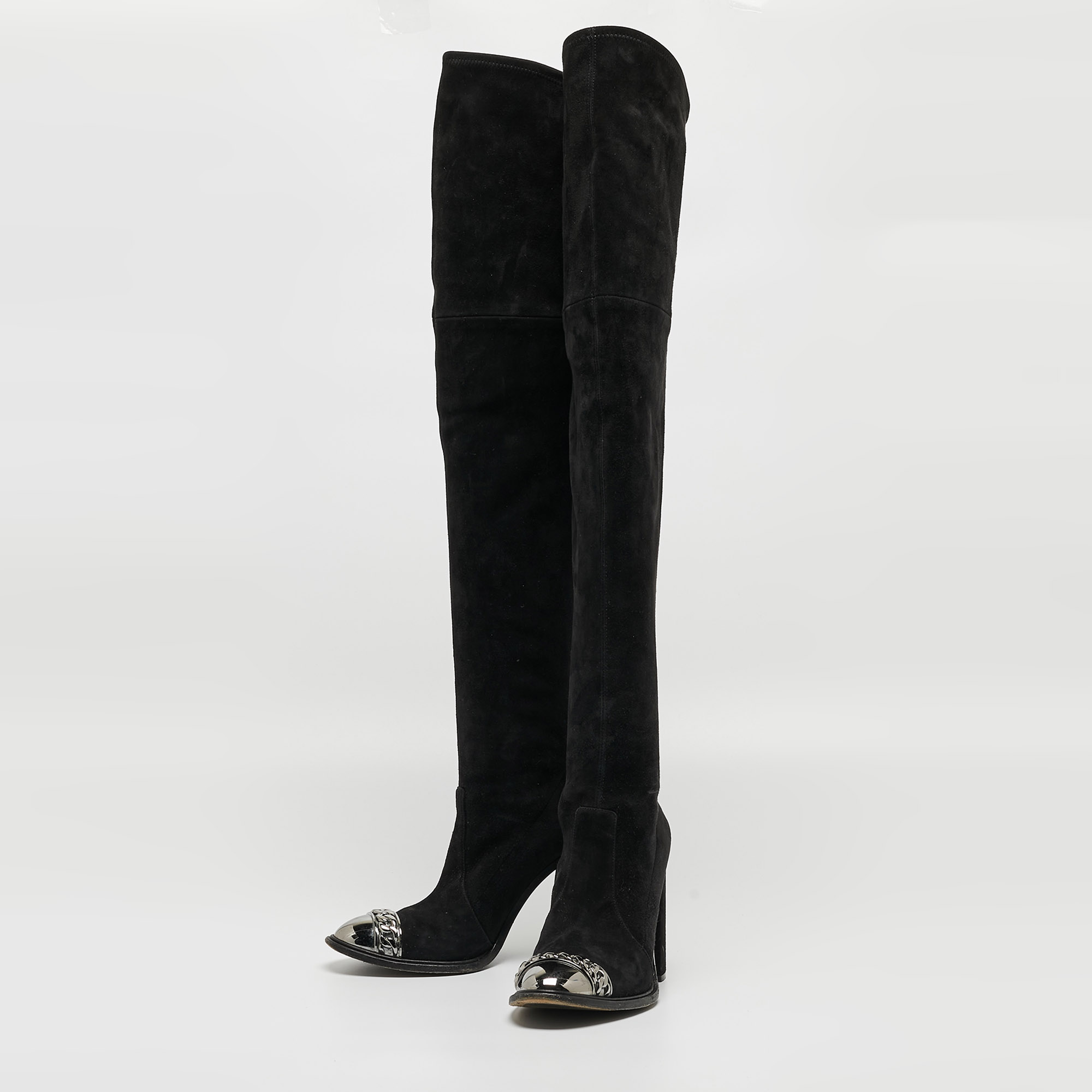 

Casadei Black Suede Embellished Metal Toe Cap Knee Length Boots Size