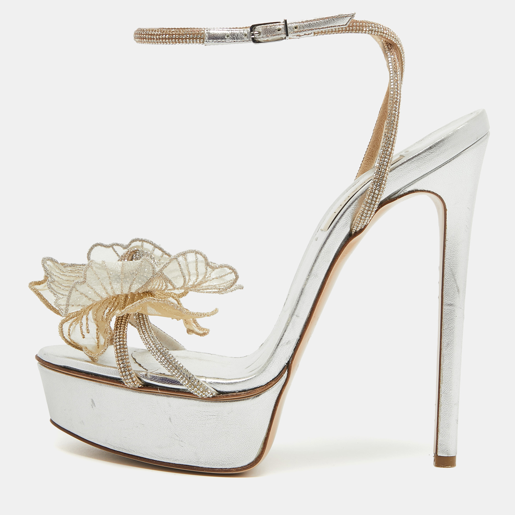 

Casadei Silver/Gold Crystal Leather Flower Embellished Platform Ankle Strap Sandals Size