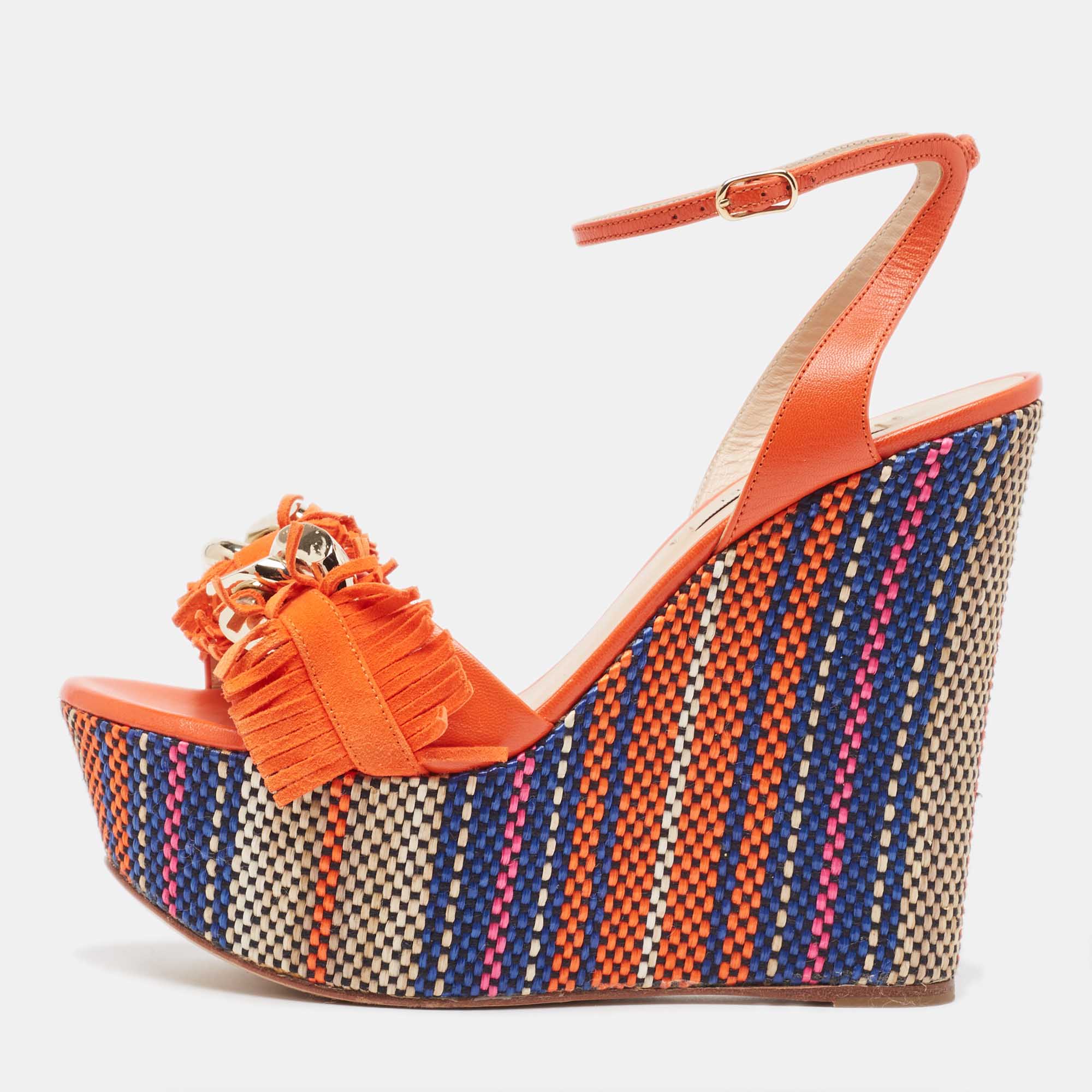 

Casadei Orange Leather and Suede Chain Detail Ankle Strap Sandals Size