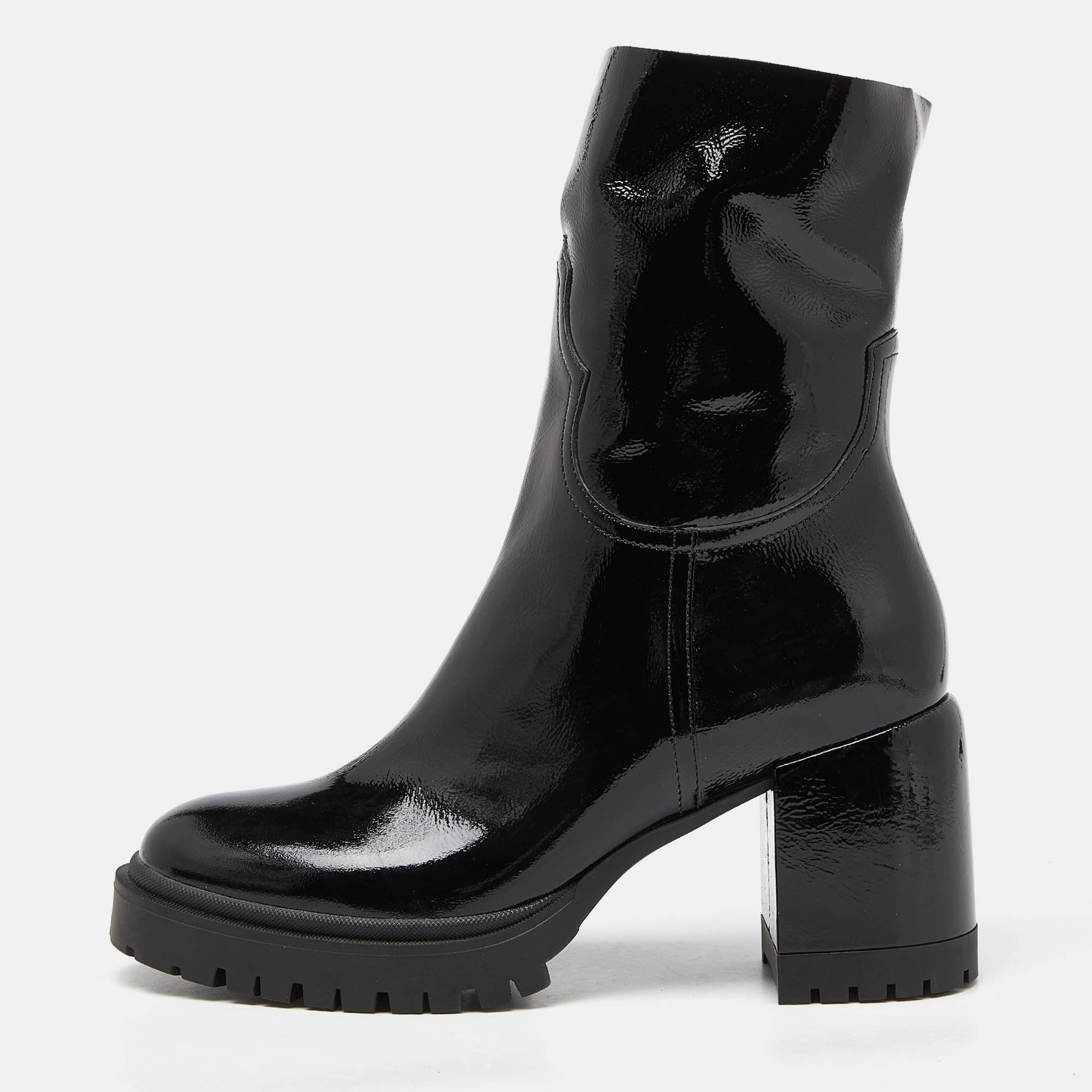 Black Patent Leather Block Heel Ankle Boots