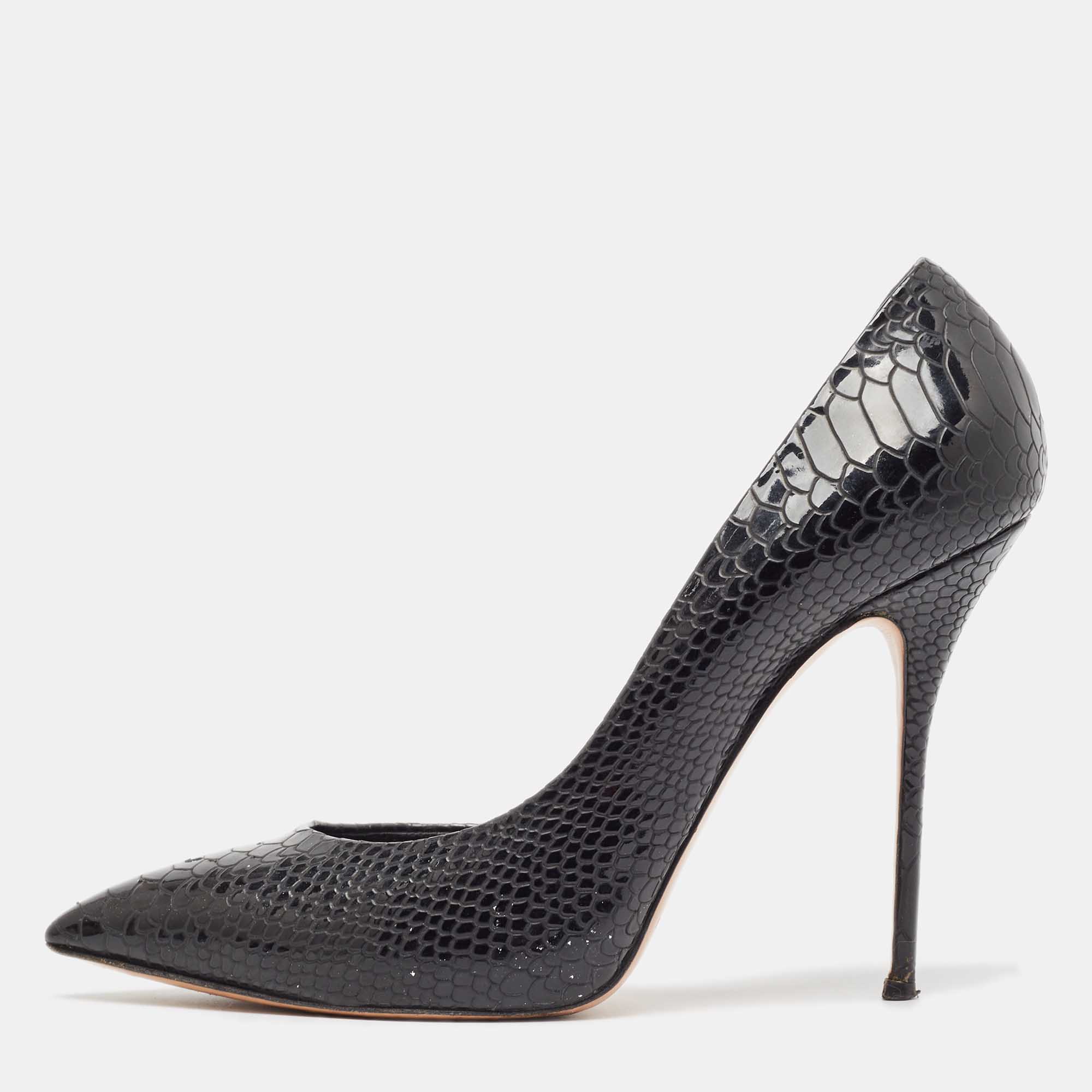 Pre-owned Casadei Black Patent Embossed Python D'orsay Pumps Size 40
