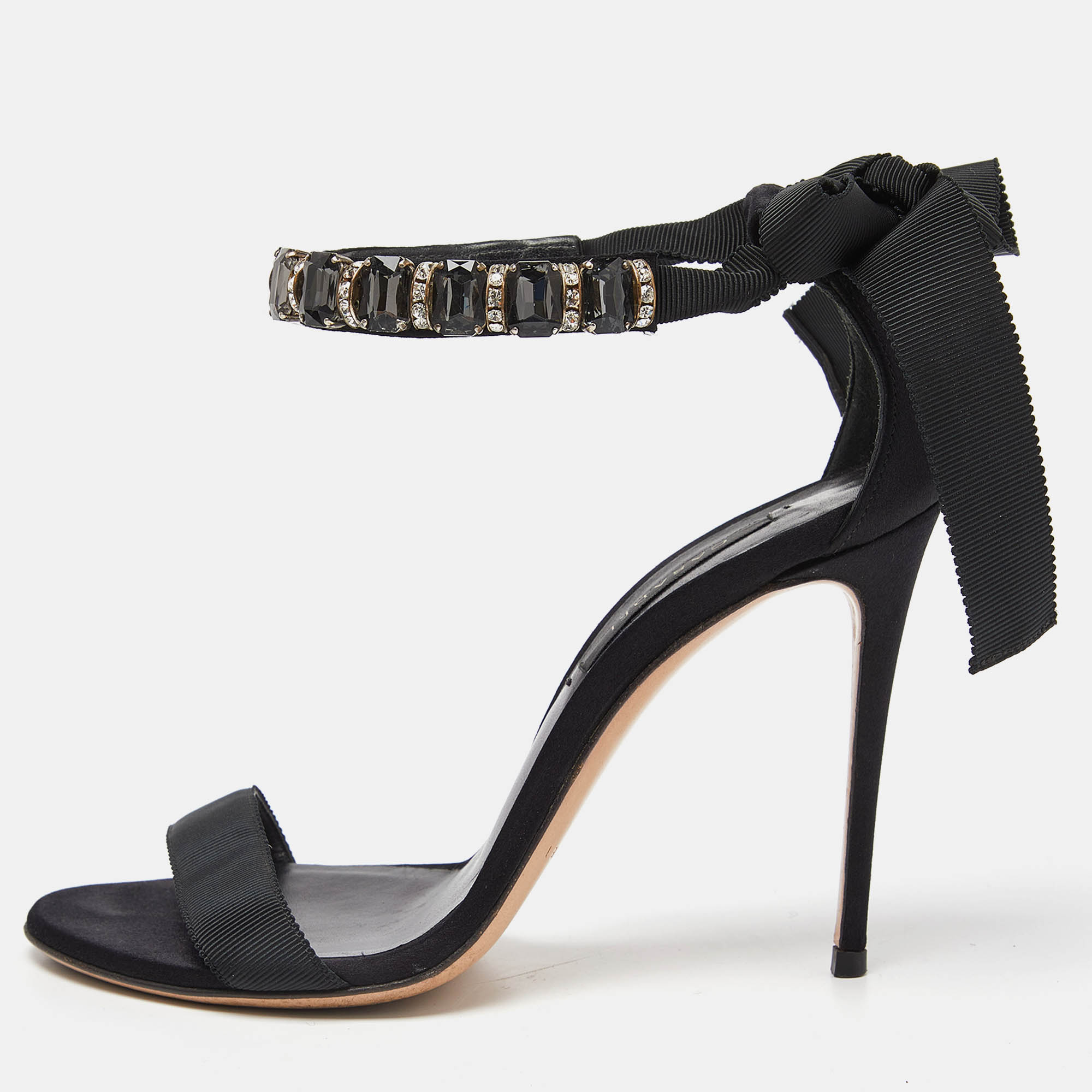 

Casadei Black Satin Crystals Embellished Ankle Wrap Sandals Size 36.5