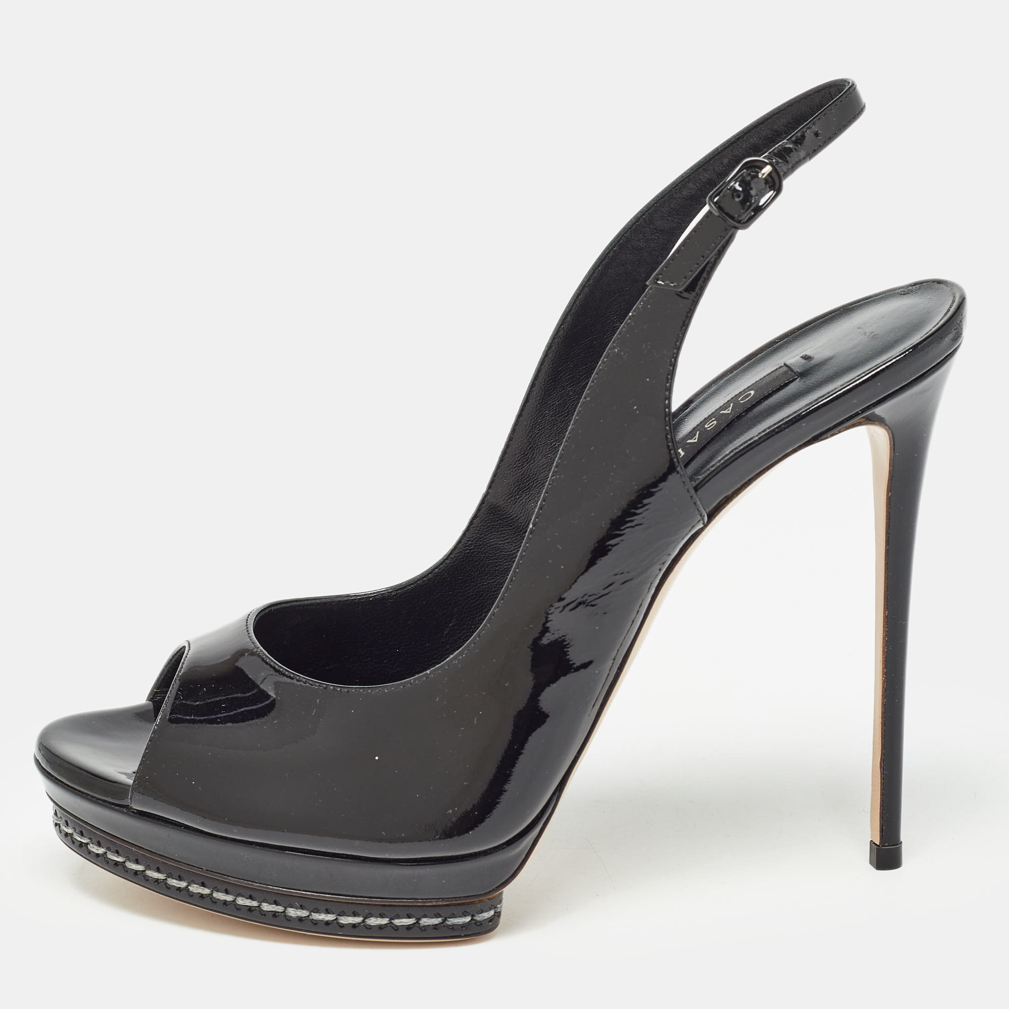 

Casadei Black Patent Leather Platform Peep Toe Slingback Pumps Size 38.5