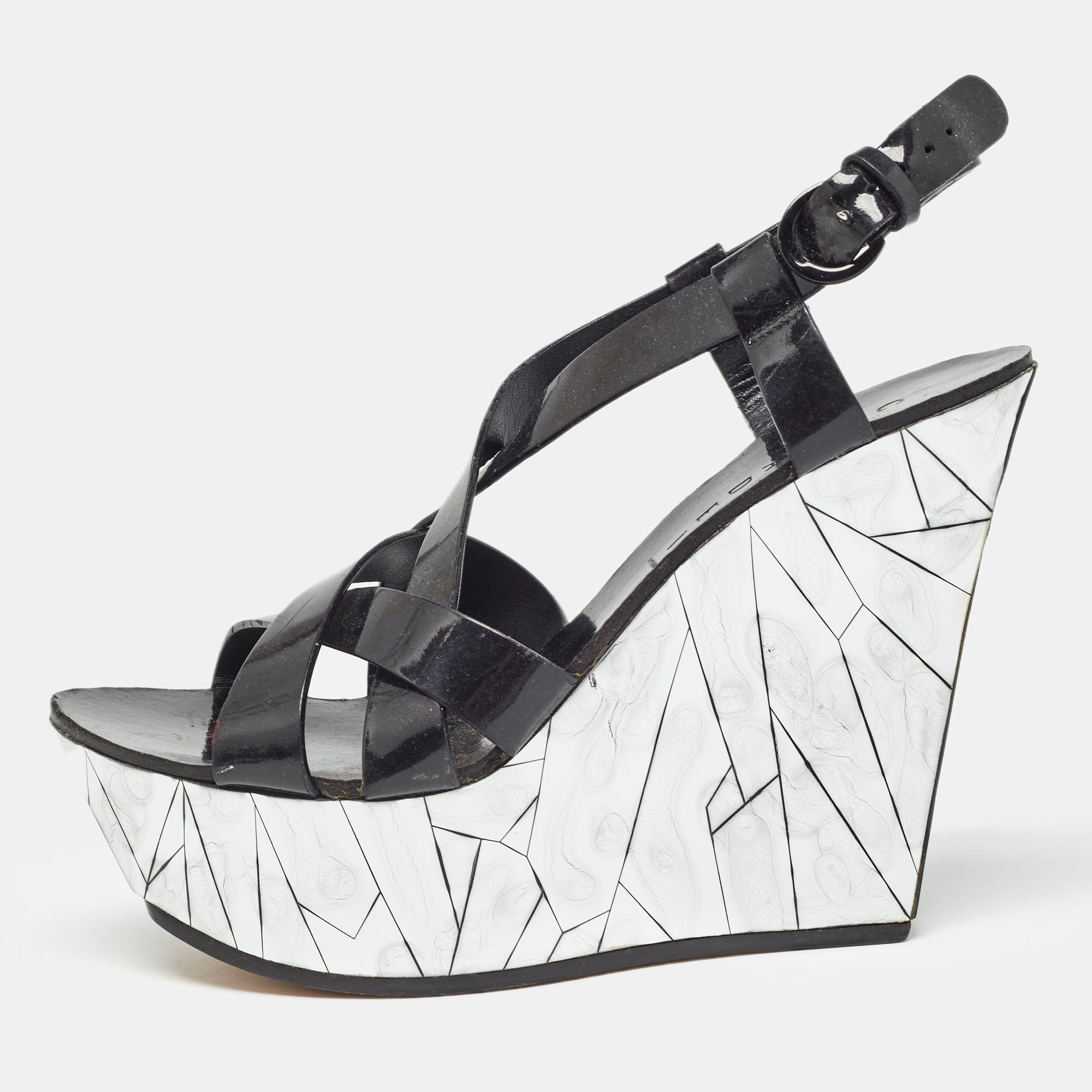 

Casadei Black/Silver Patent Leather Mirrored Crack Wedge Sandals Size