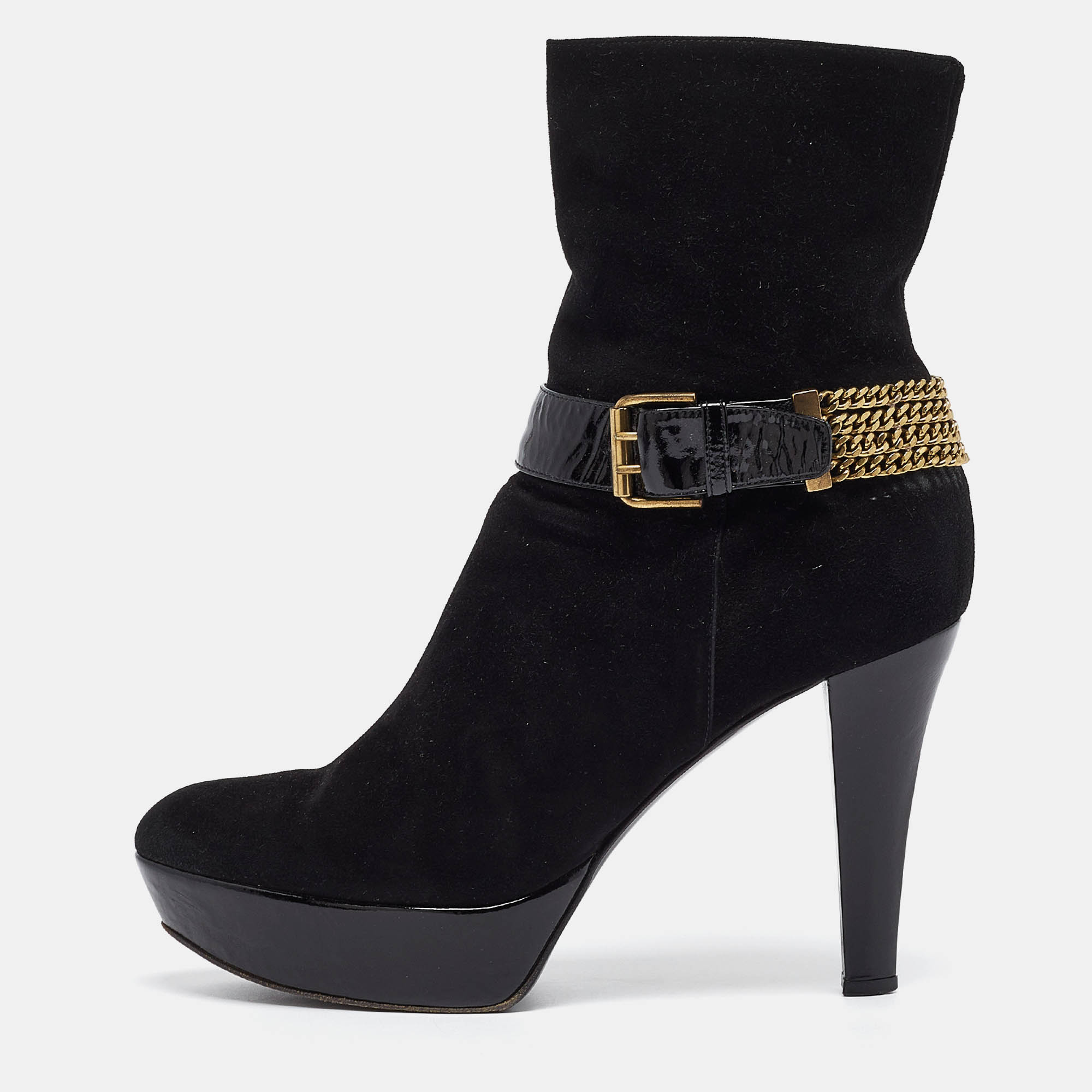 

Casadei Black Suede Buckle Chain Embellished Platform Ankle Boots Size