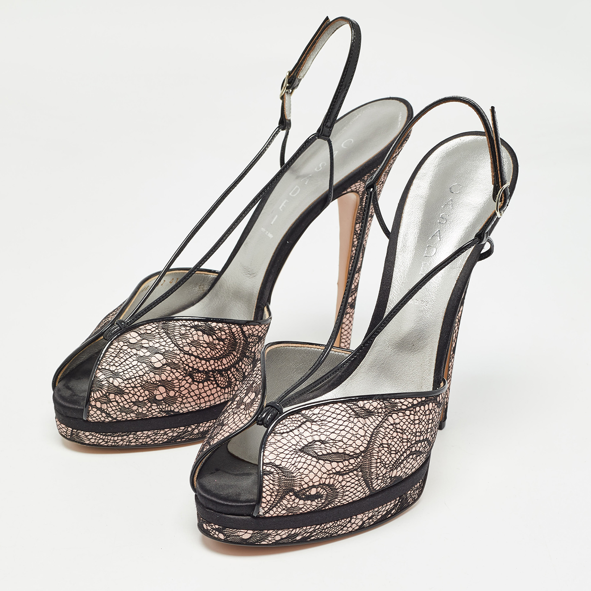 Casadei Black/Pink Lace and Satin Ankle Strap Sandals Size 41 