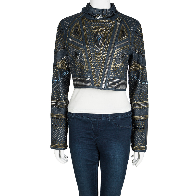 

Malandrino Navy Blue Lamb Leather Studded Cropped Jacket