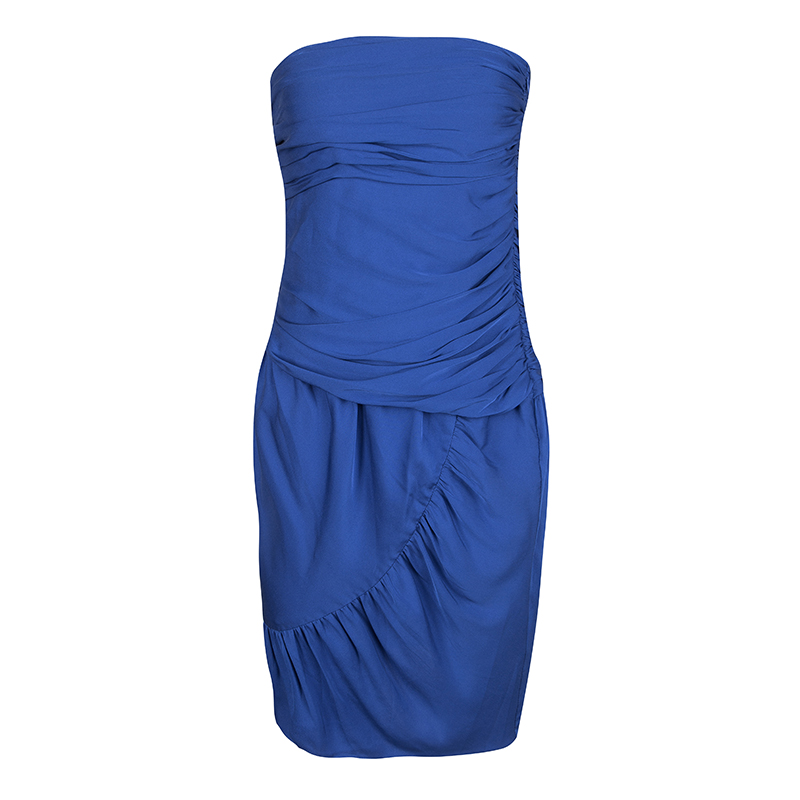 Pre Owned Catherine Malandrino Blue Silk Ruched Strapless Dress S