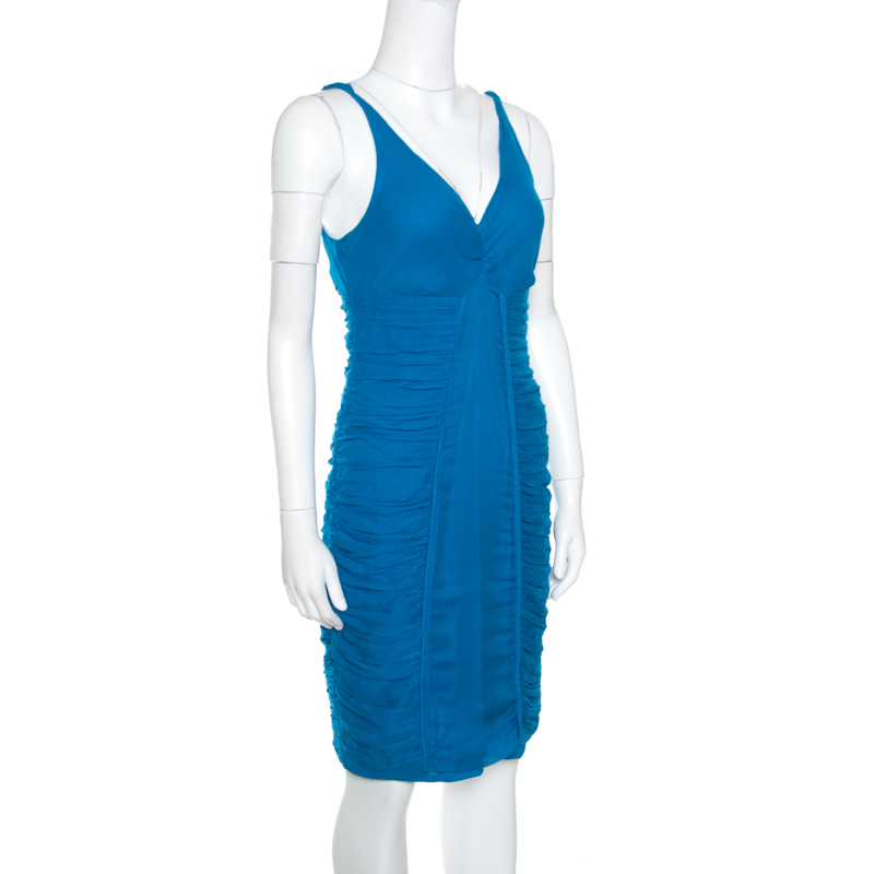 

Catherine Malandrino Pacific Blue Ruched Silk Chiffon Sleeveless Dress