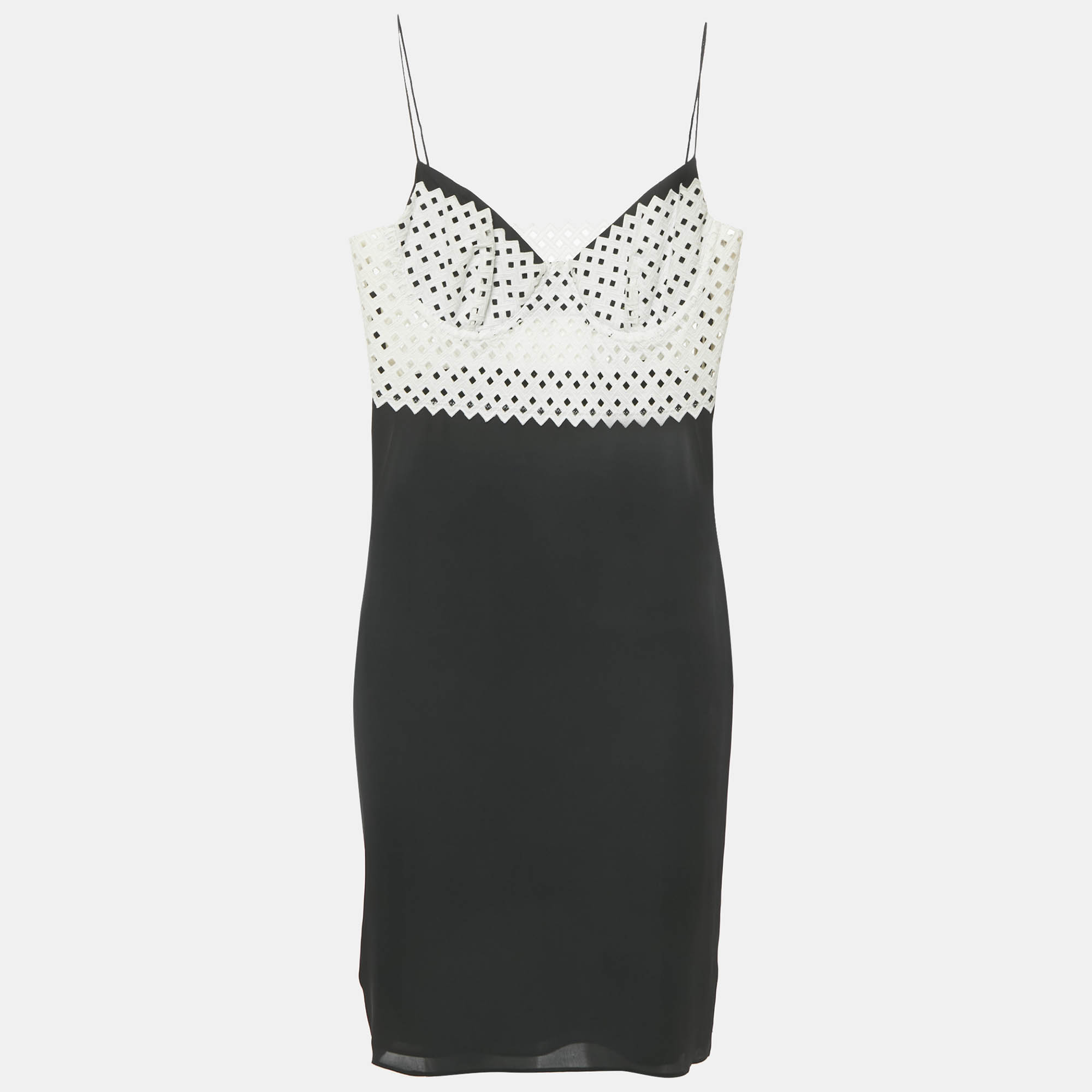 Pre-owned Catherine Malandrino Black/white Crepe And Lace Sleeveless Mini Dress S
