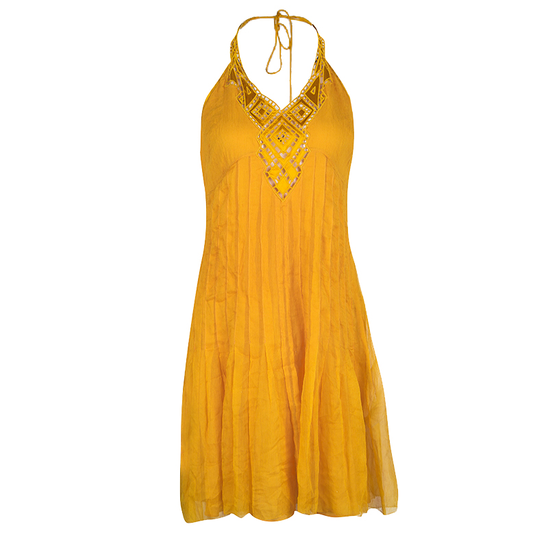 Catherine Malandrino Mustard Yellow Silk Embroidered Halter Neck Dress M