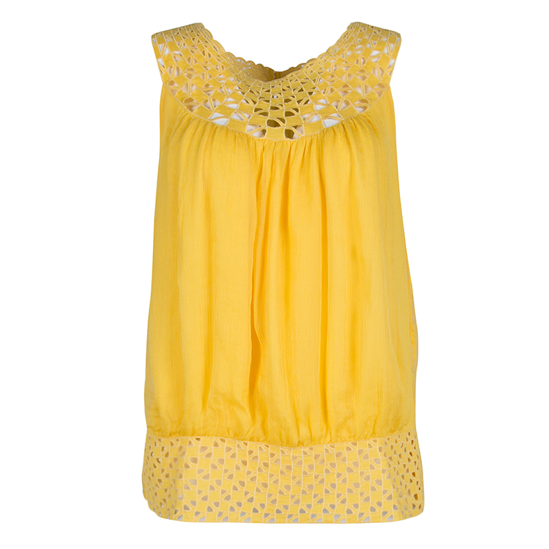 Catherine Malandrino Yellow Cutout Trim Detail Crinkled Chiffon Top M
