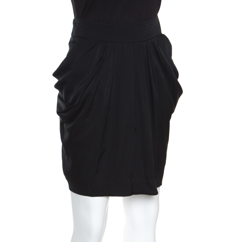 

Catherine Malandrino Black Silk Pleat Front Pegged Mini Skirt