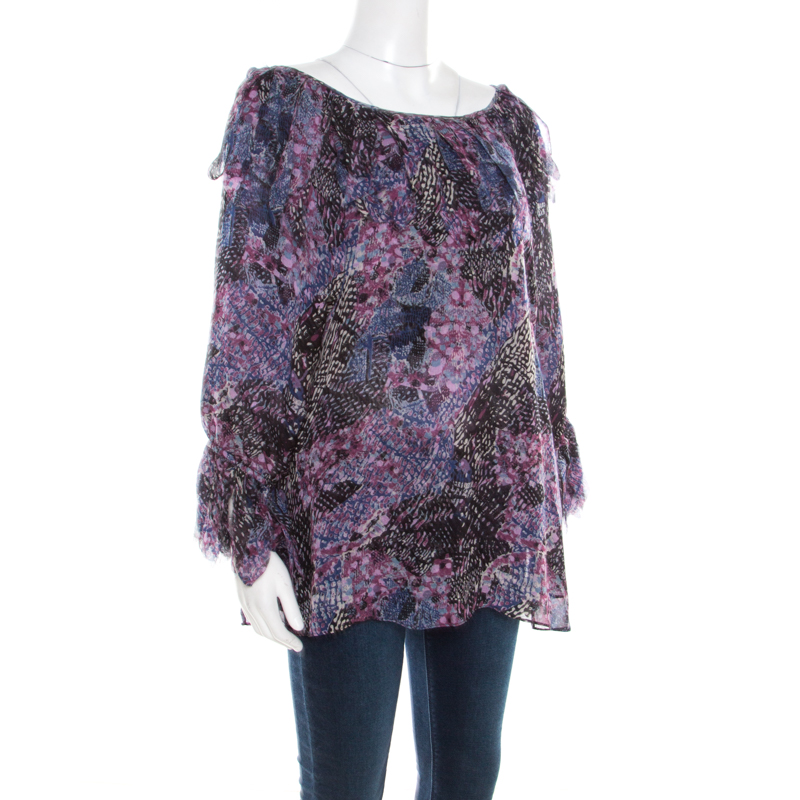 Pre-owned Catherine Malandrino Multicolor Printed Silk Frayed Neck Detail Long Sleeve Blouse S