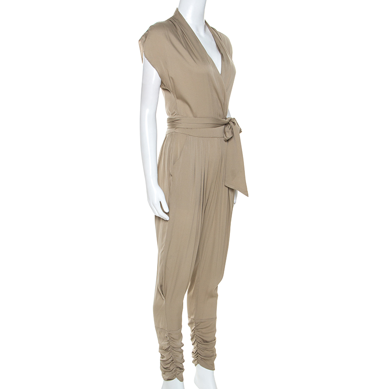 

Catherine Malandrino Khaki Green Stretch Silk Draped Harem Jumpsuit