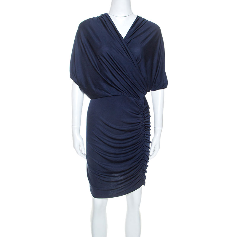 Catherine Malandrino Navy Blue Silk Jersey Twisted Draped Dress S