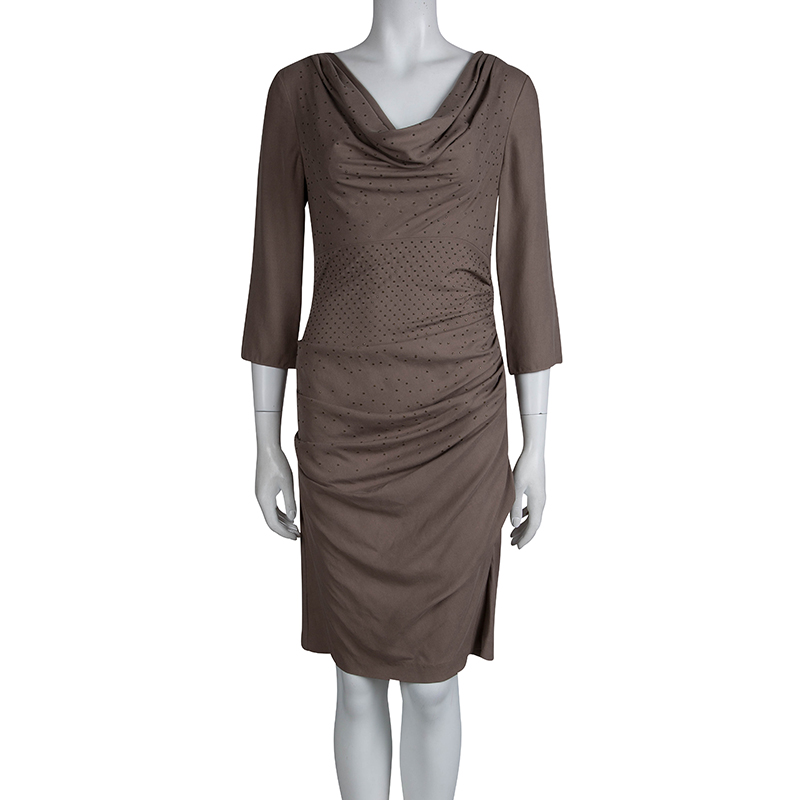 

Catherine Malandrino Brown Silk Ruched Cowl Neck Embellished Dress