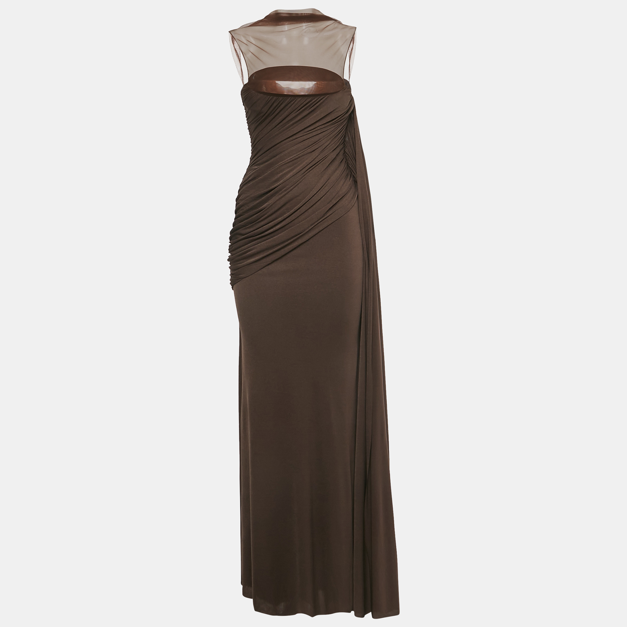 

C.Dam Brown Jersey and Tulle Metallic Cup Disa Dress S