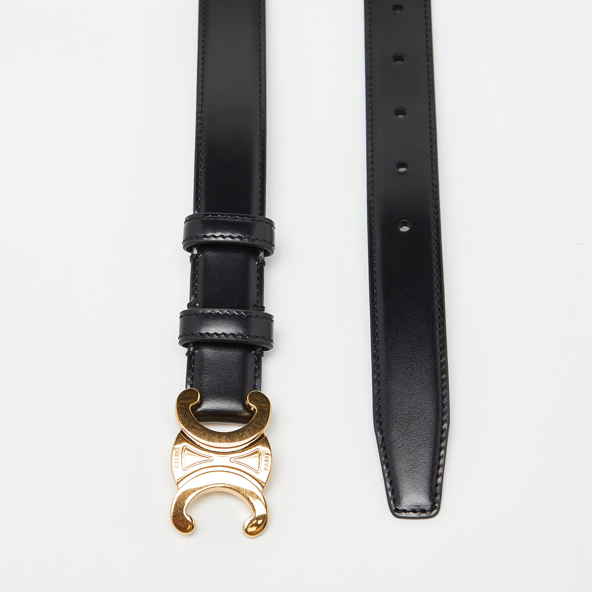 

Celine Black Leather Triomphe Buckle Belt