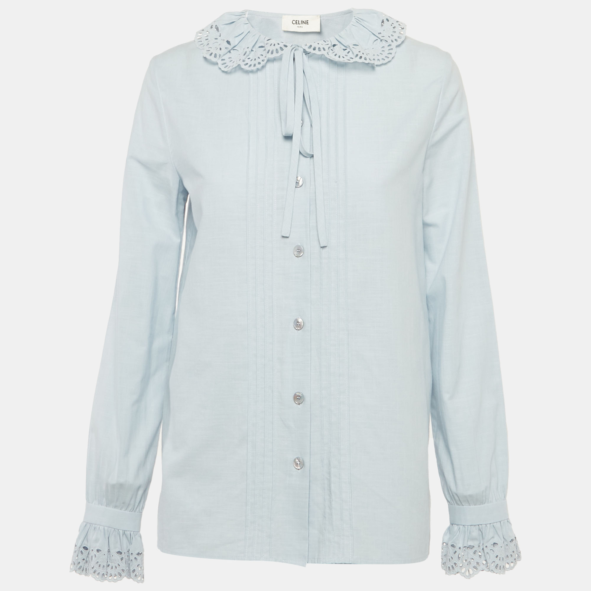 

Celine Blue Embroidered Collar Cotton Blouse S
