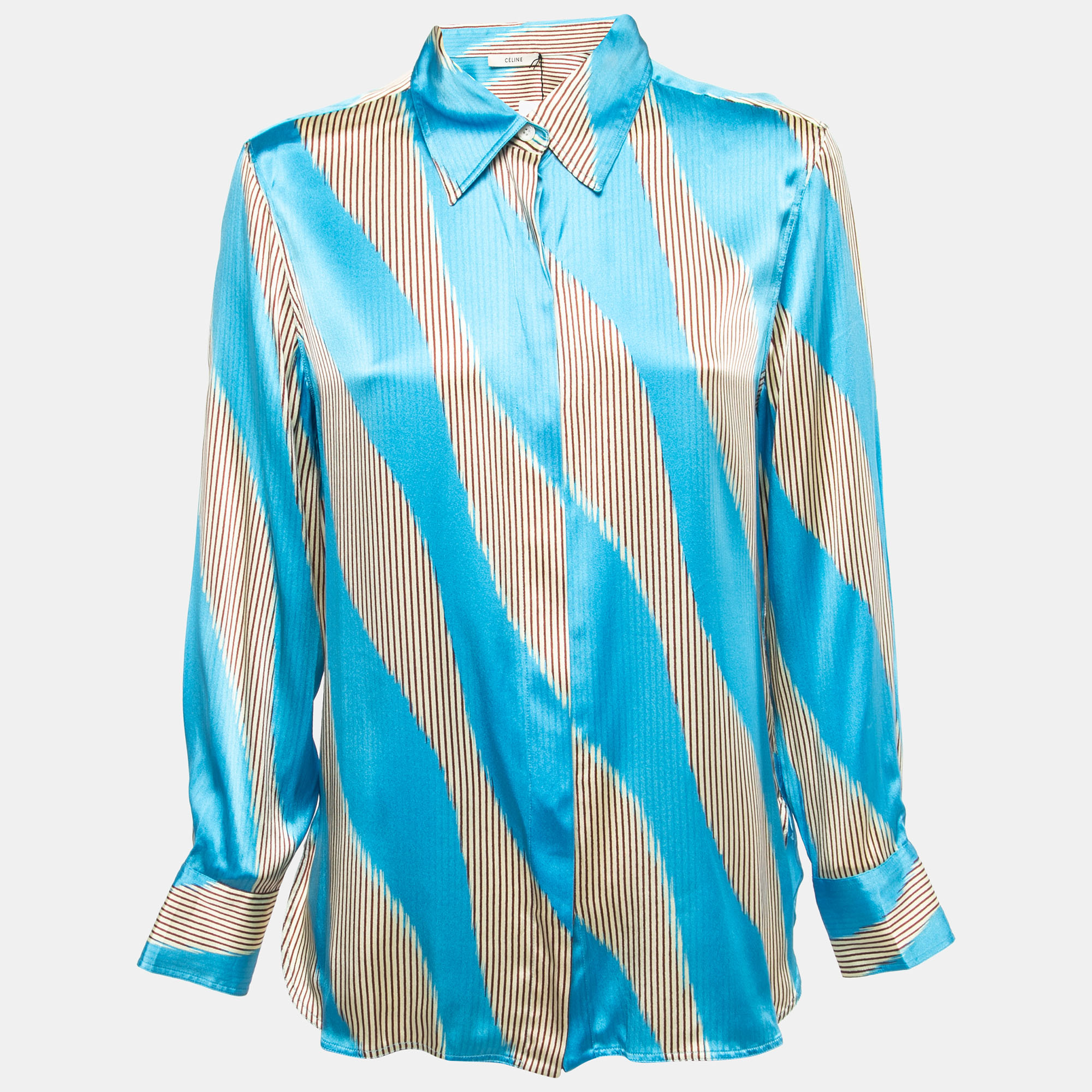 Pre Owned Celine Blue Printed Satin Silk Buttoned Shirt L