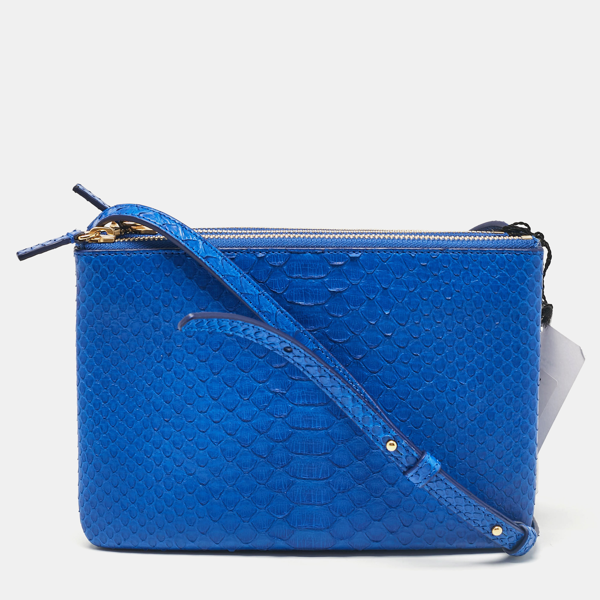 Pre-owned Celine Blue Python And Leather Small Trio Zip Crossbody Bag