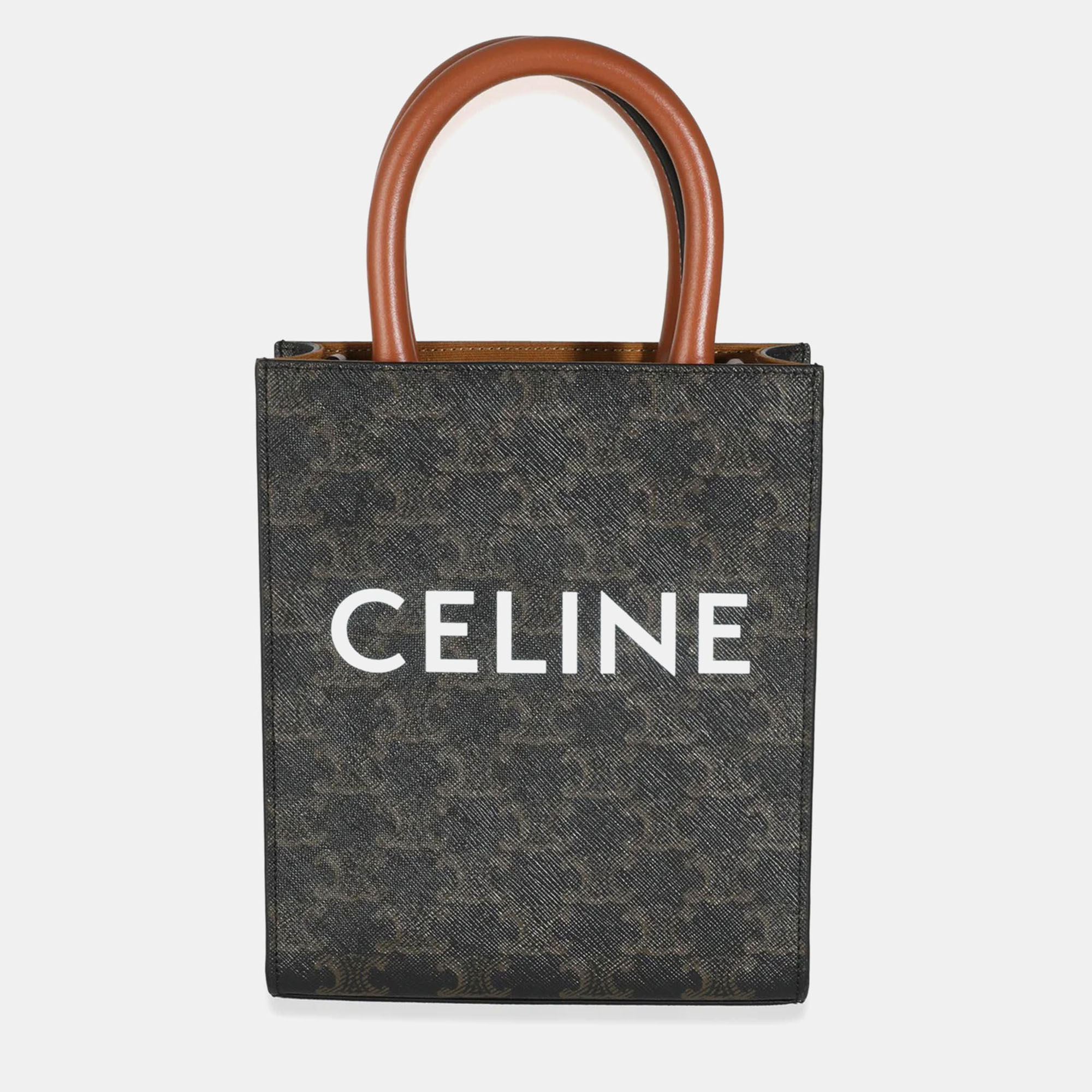 

Celine Tan Calfskin Triomphe Canvas Mini Vertical Cabas Tote, Brown