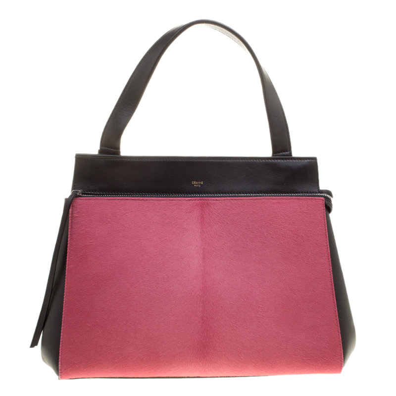 Pre Owned Celine Black/Pink Leather and Calf Hair Medium Edge Bag