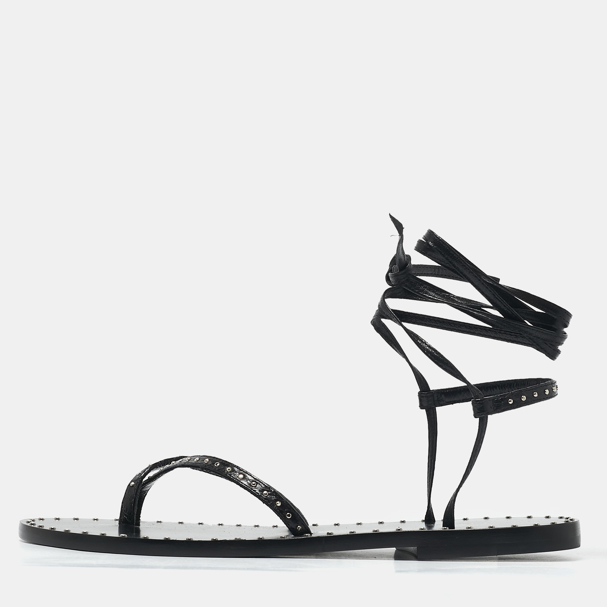 

Celine Black Leather Studded Ankle Wrap Flat Sandals Size