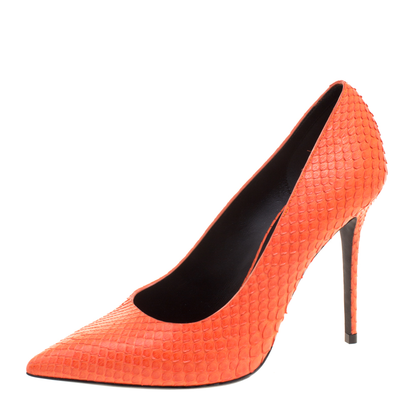 Pre Owned Celine Orange Python Pointed Pumps Size 38