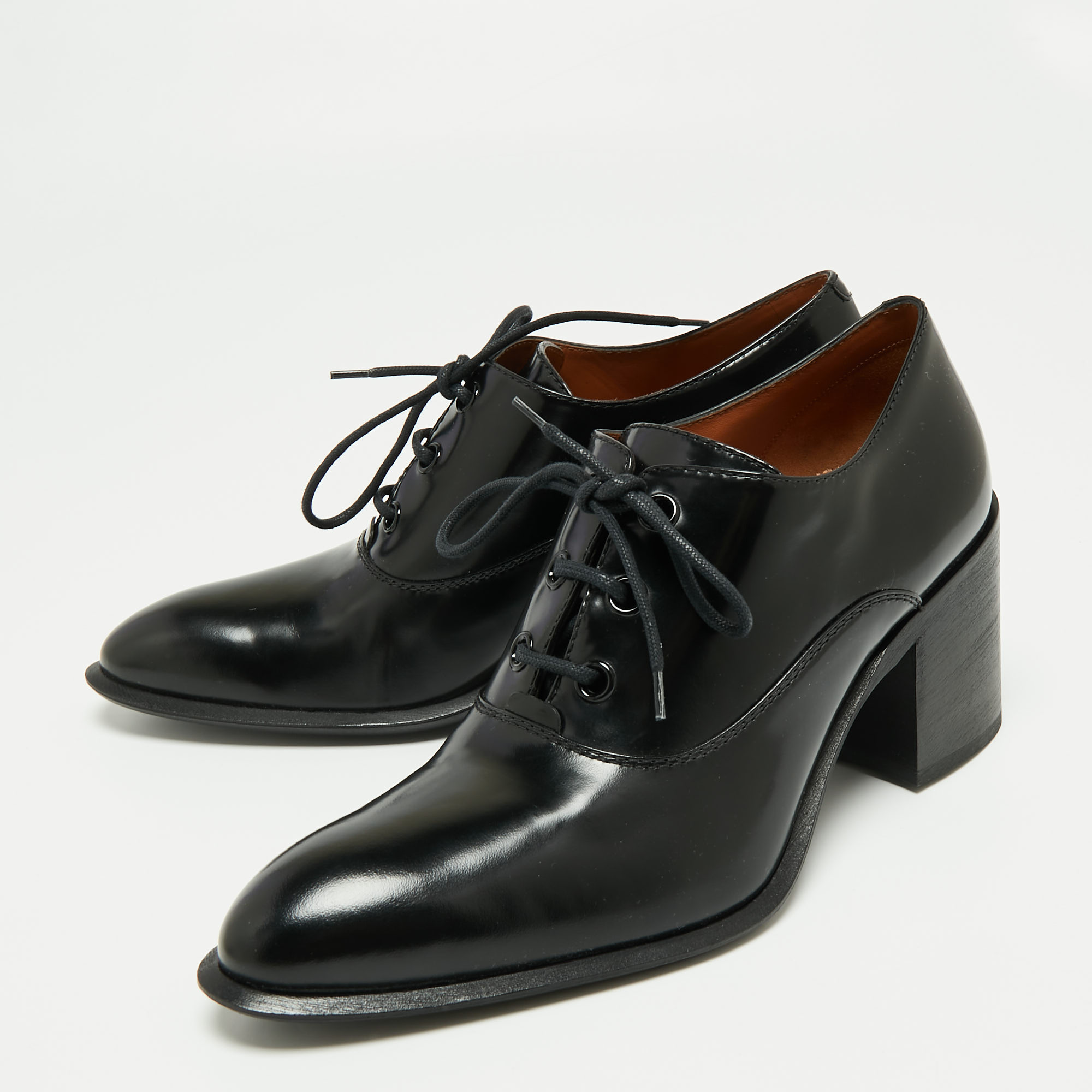 

Celine Black Glossy Leather Lace Up Heel Derby Size