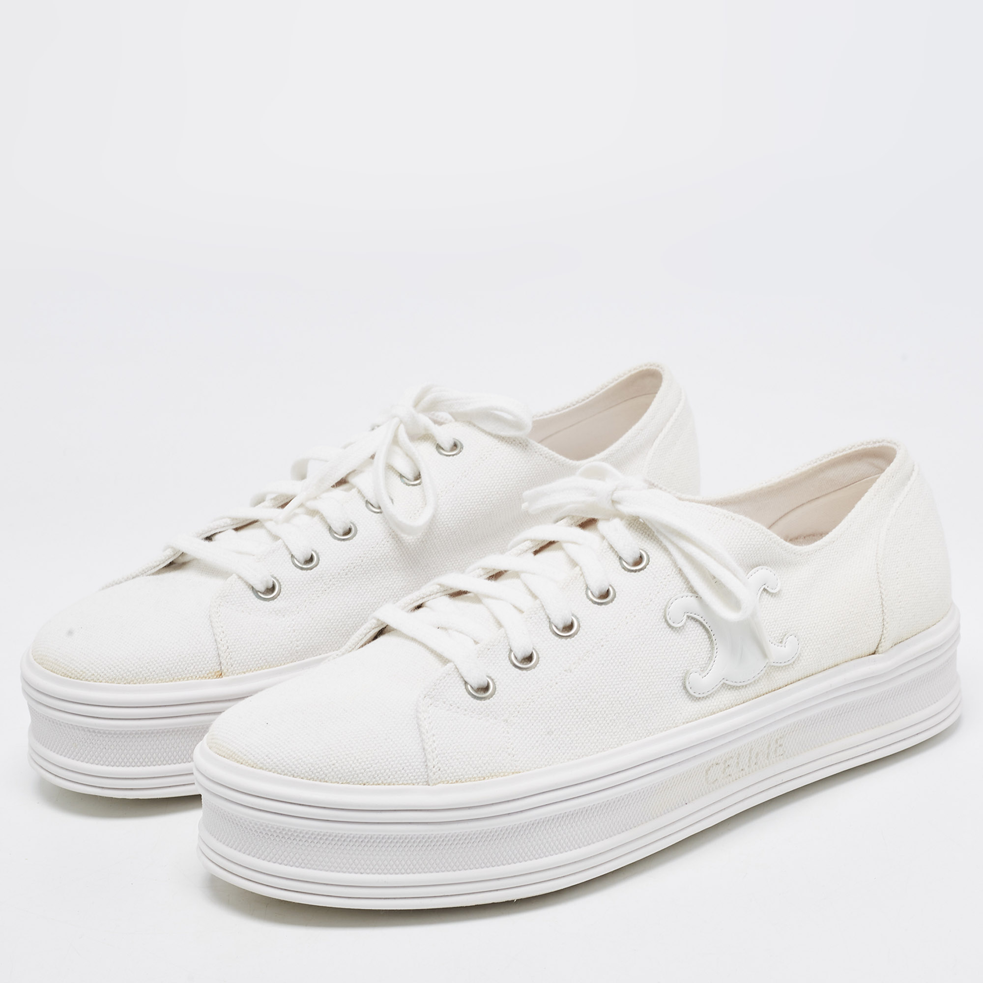 

Celine White Canvas Jane Low Top Platform Sneakers Size