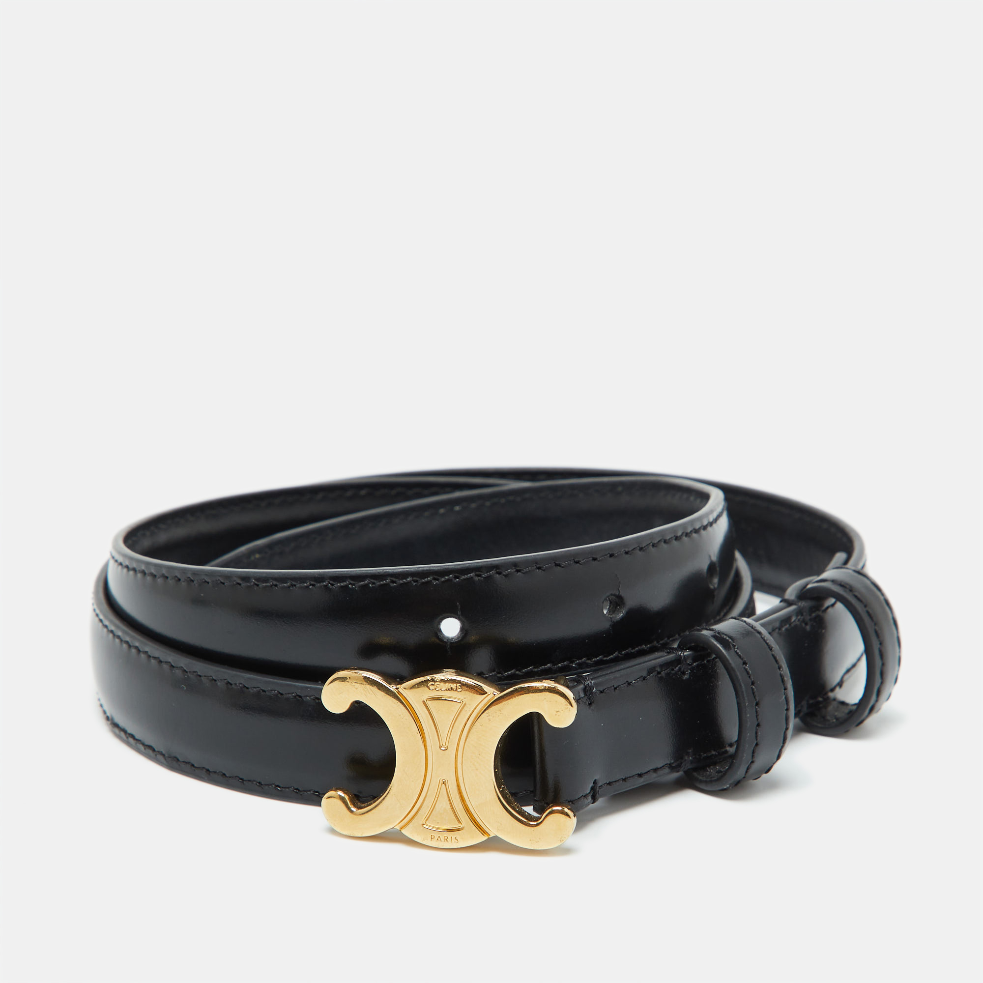 

Celine Black Leather Triomphe Buckle Belt