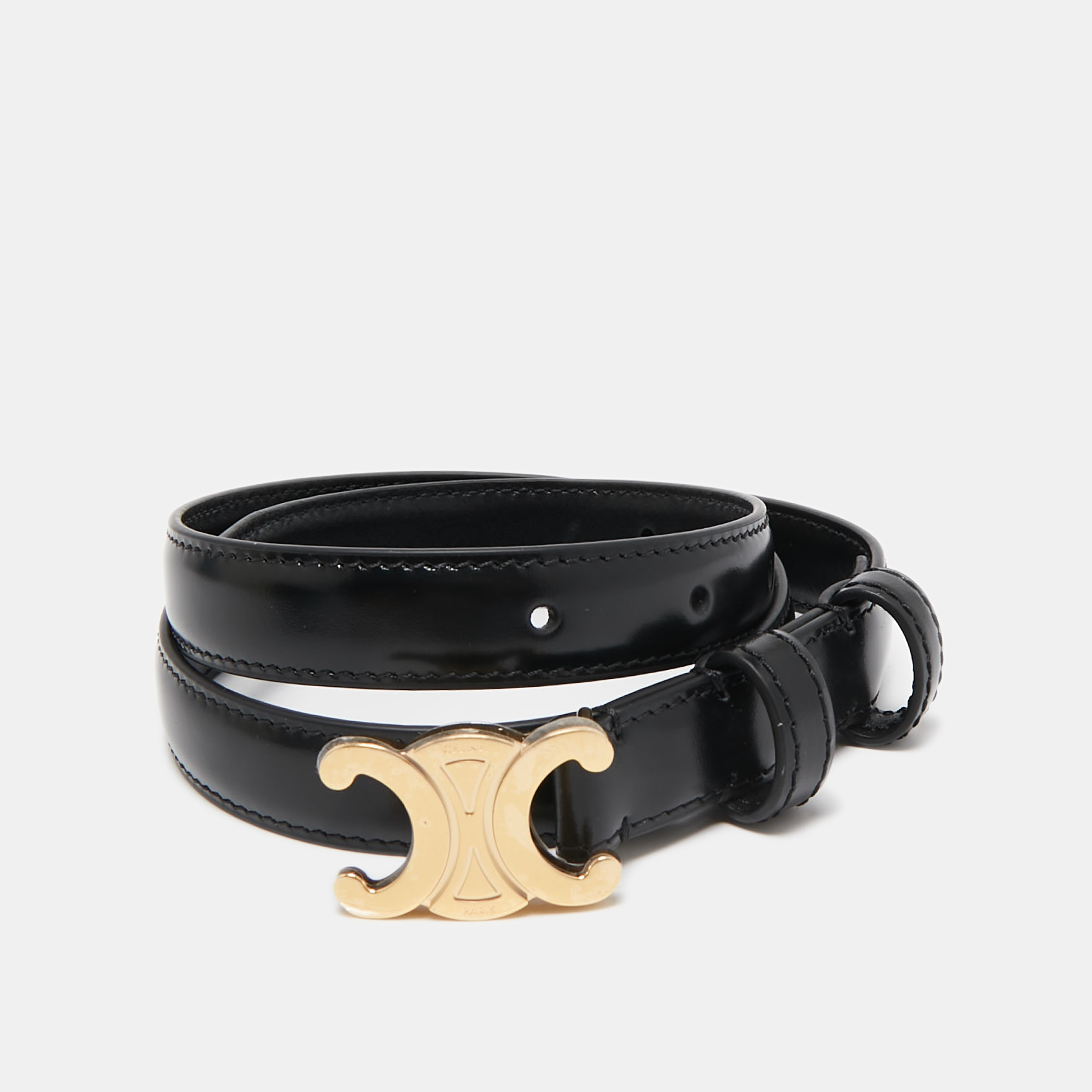 

Celine Black Leather Triomphe Slim Belt 70CM