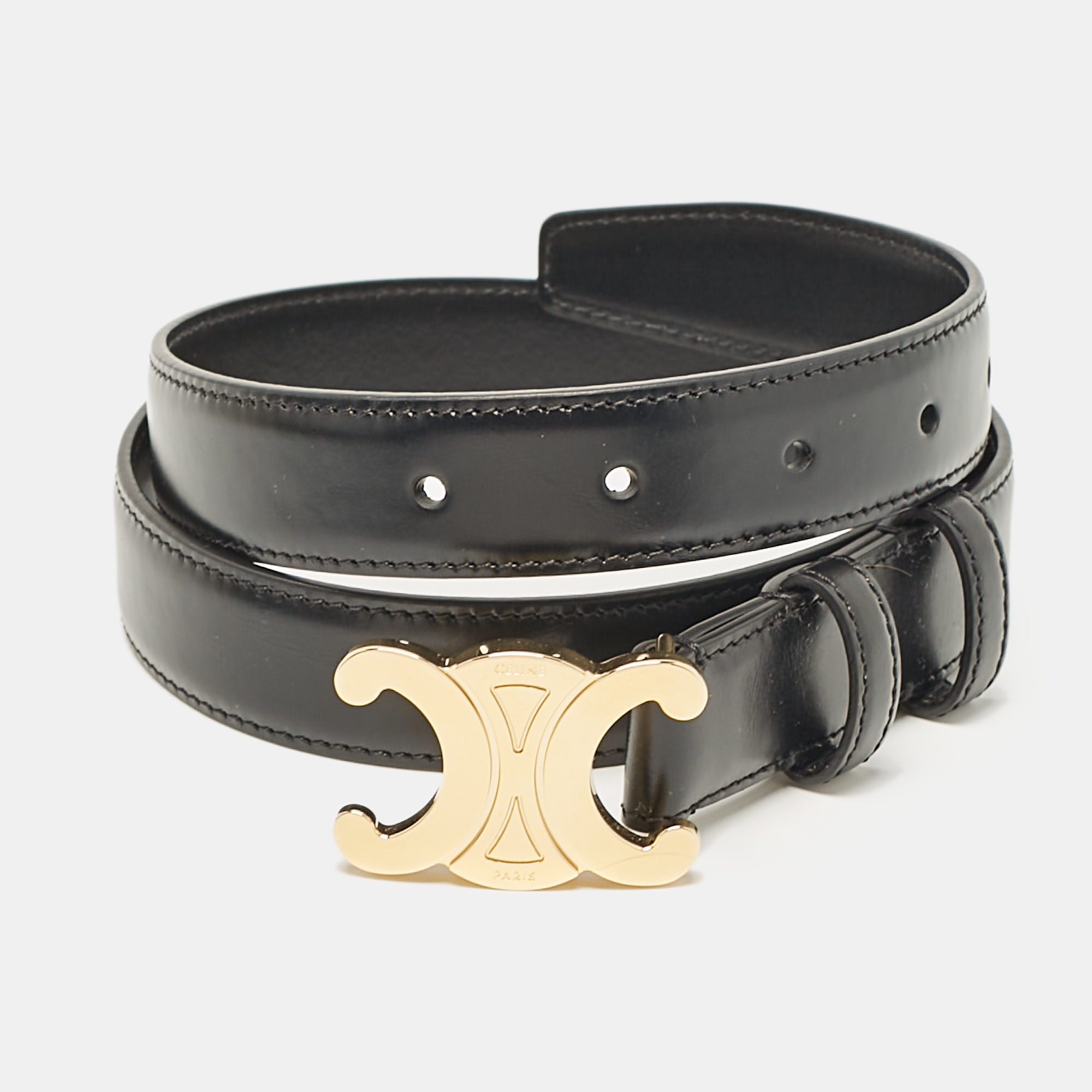 

Celine Black Leather Triomphe Buckle Belt