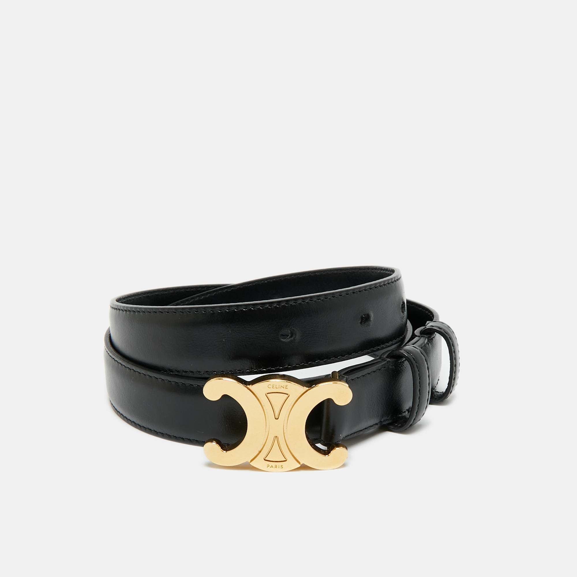 

Celine Black Leather Triomphe Buckle Belt 90CM