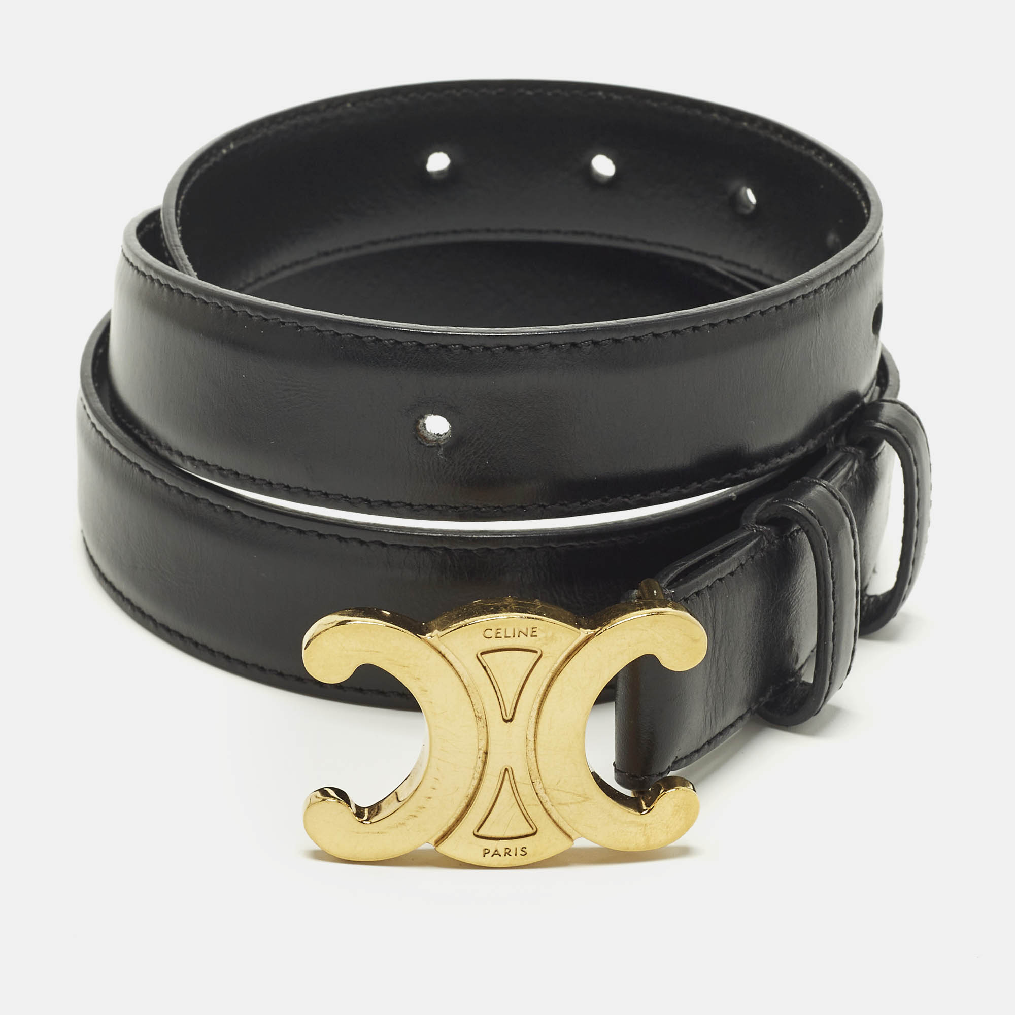 Pre-owned Celine Triomphe Waist Belt Black Leather