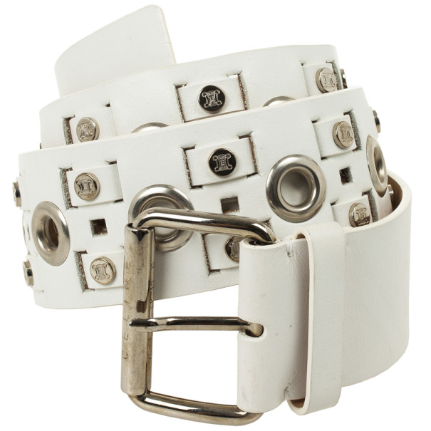 Pre Owned Celine White Leather Logo Studded Belt 89 CM