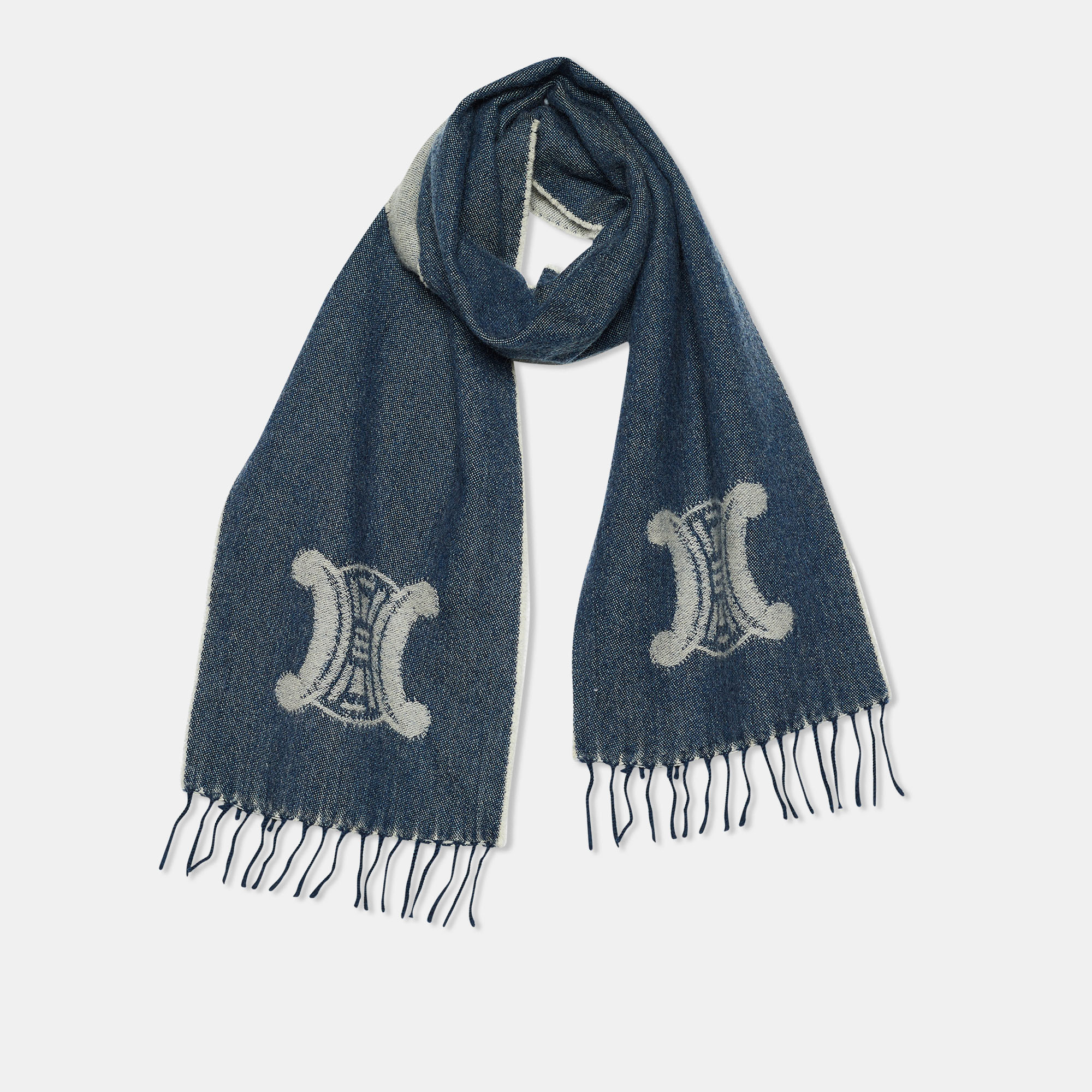 

Celine Indigo Logo Jacquard Wool Cashmere Frimged Stole, Blue