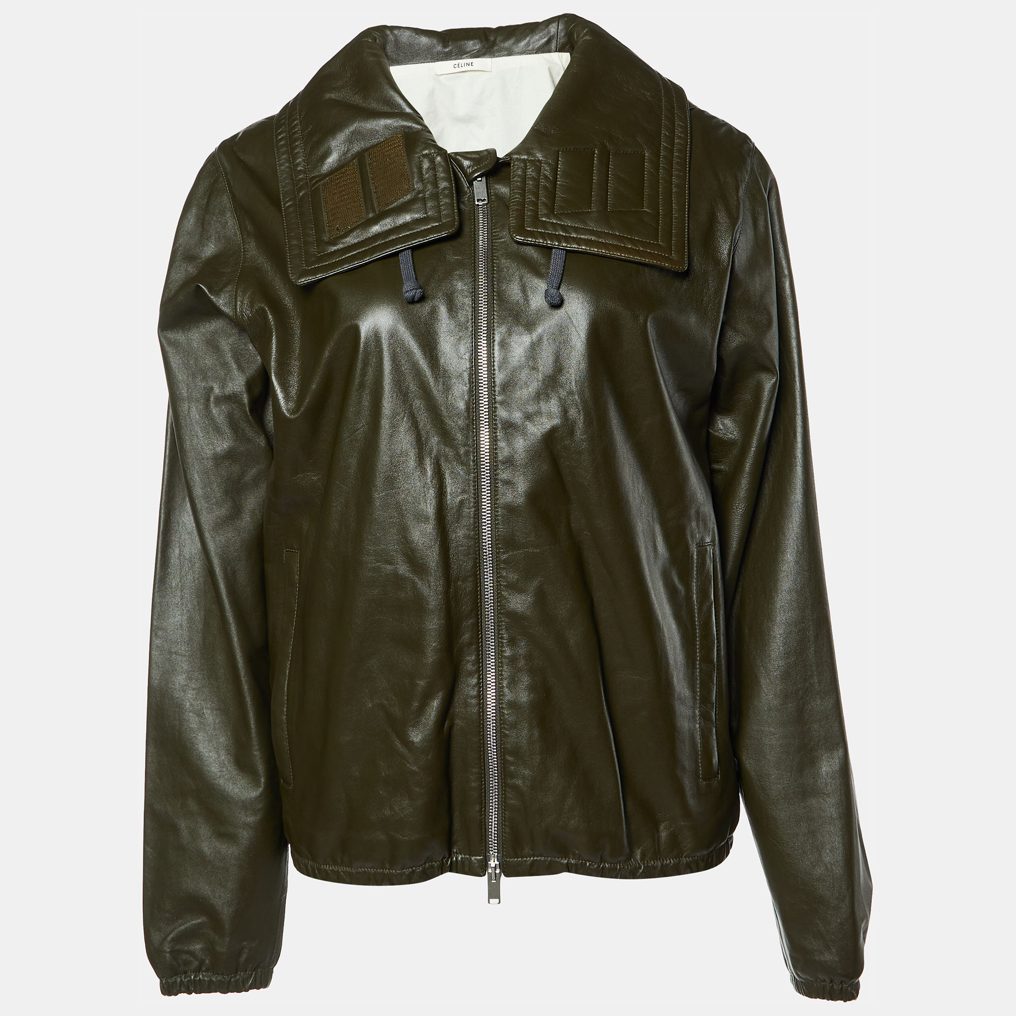 

Celine Green Leather Hooded Zip-Up Jacket M
