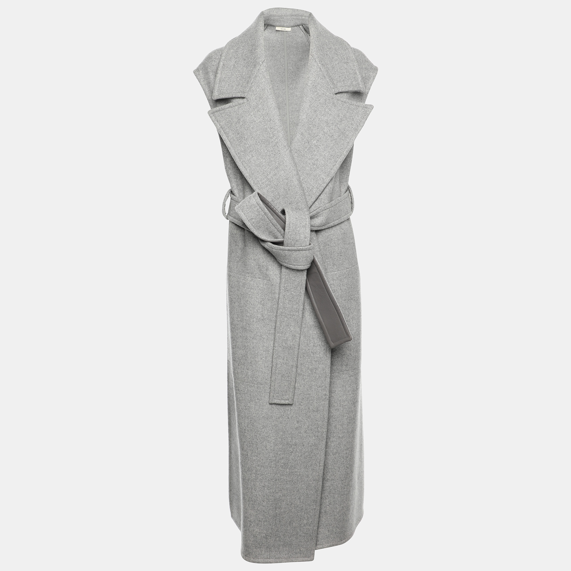 

Celine Grey Wool and Leather Side Slit Detailed Belted Coat S