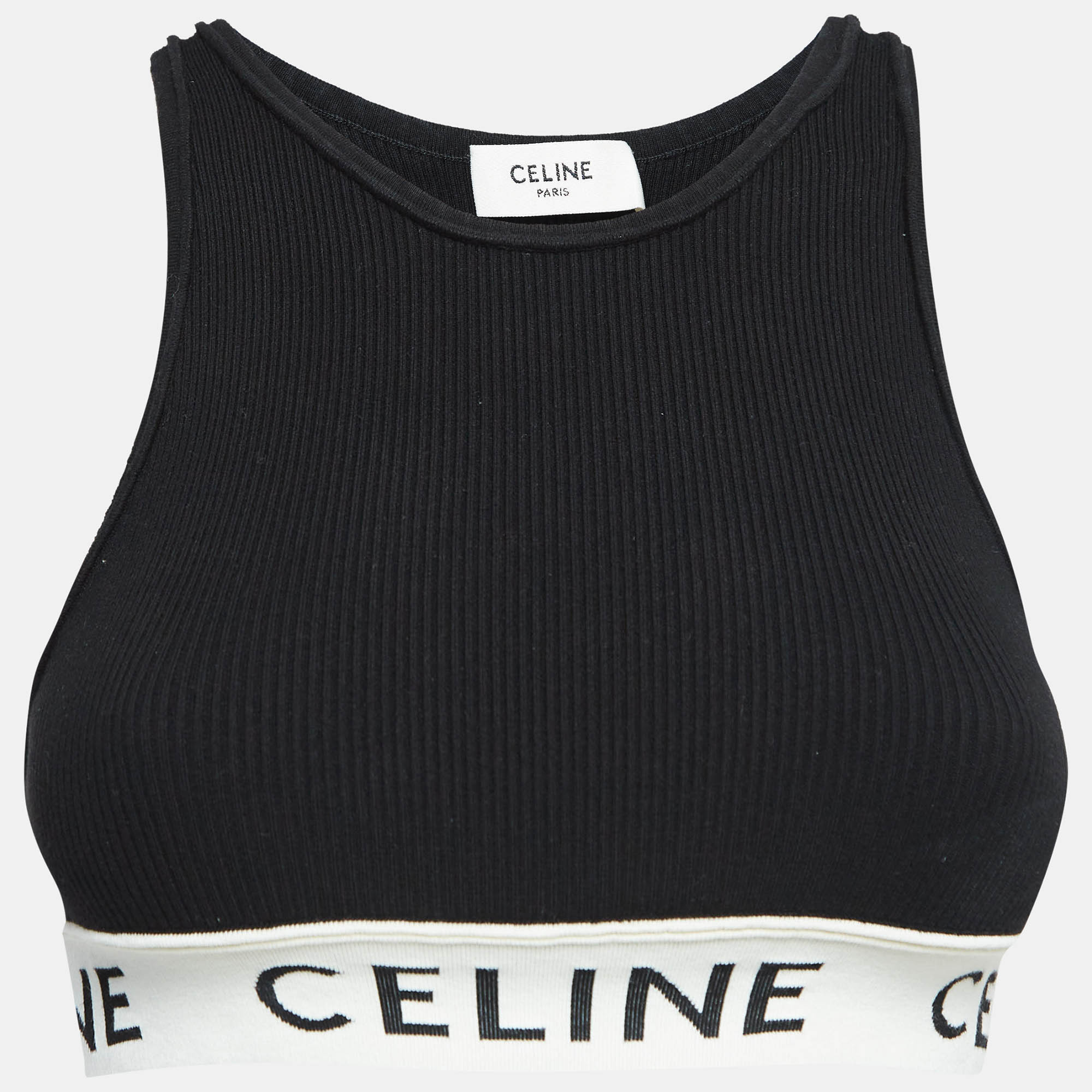 

Celine Black Rib Knit Logo Tape Detail Crop Tank Top S