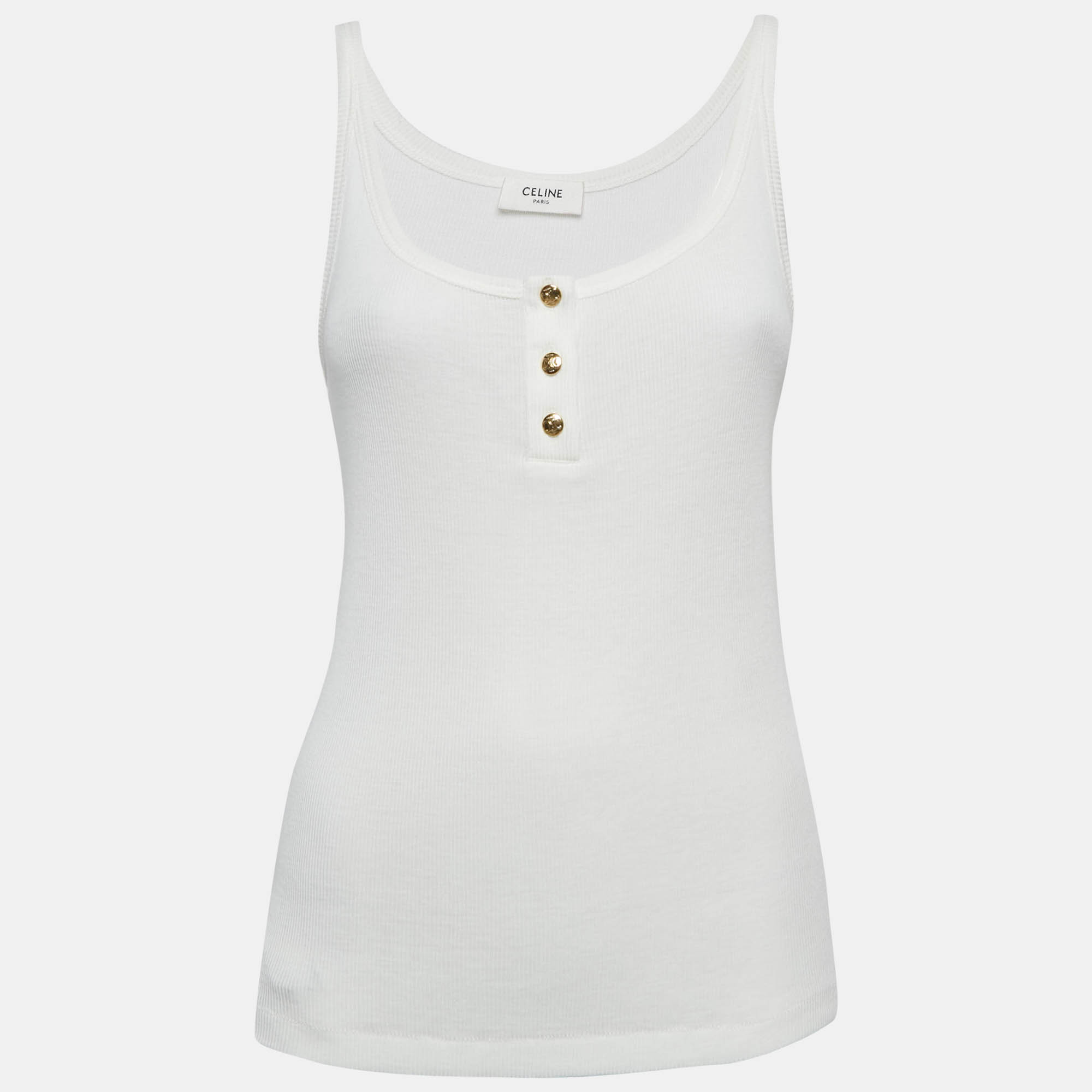 Pre-owned Celine White Rib Knit Button Detail Tank Top S