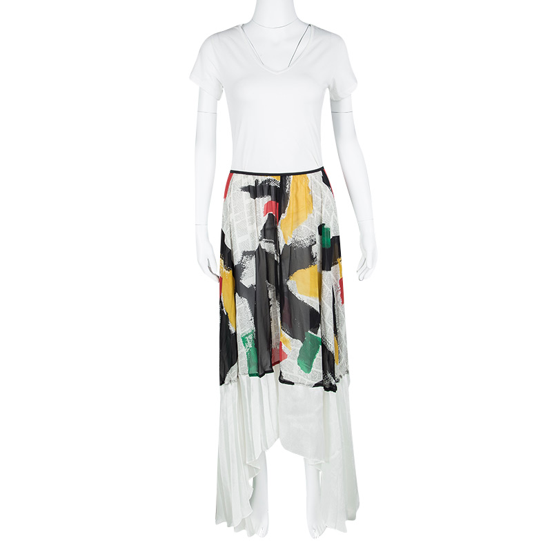 

Celine SS'14 Multicolor Printed Mulberry Silk Contrast Bottom Asymmetric Skirt
