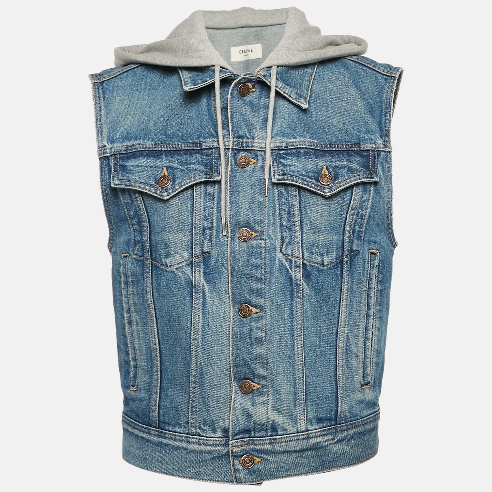 

Celine Blue Logo Print Denim Hooded Sleeveless Jacket XS