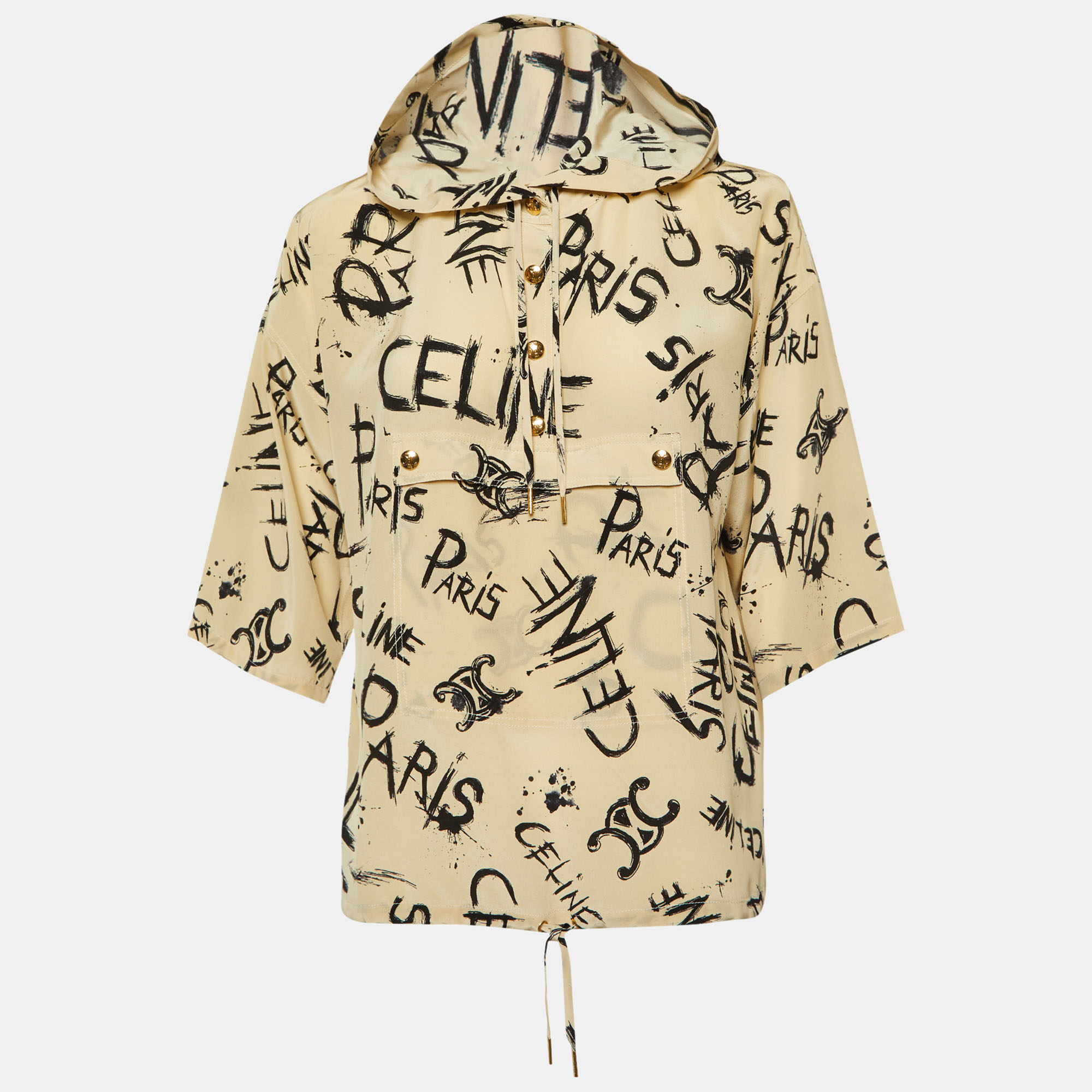 

Celine Beige Logo Scribble Print Silk Hooded Blouse S